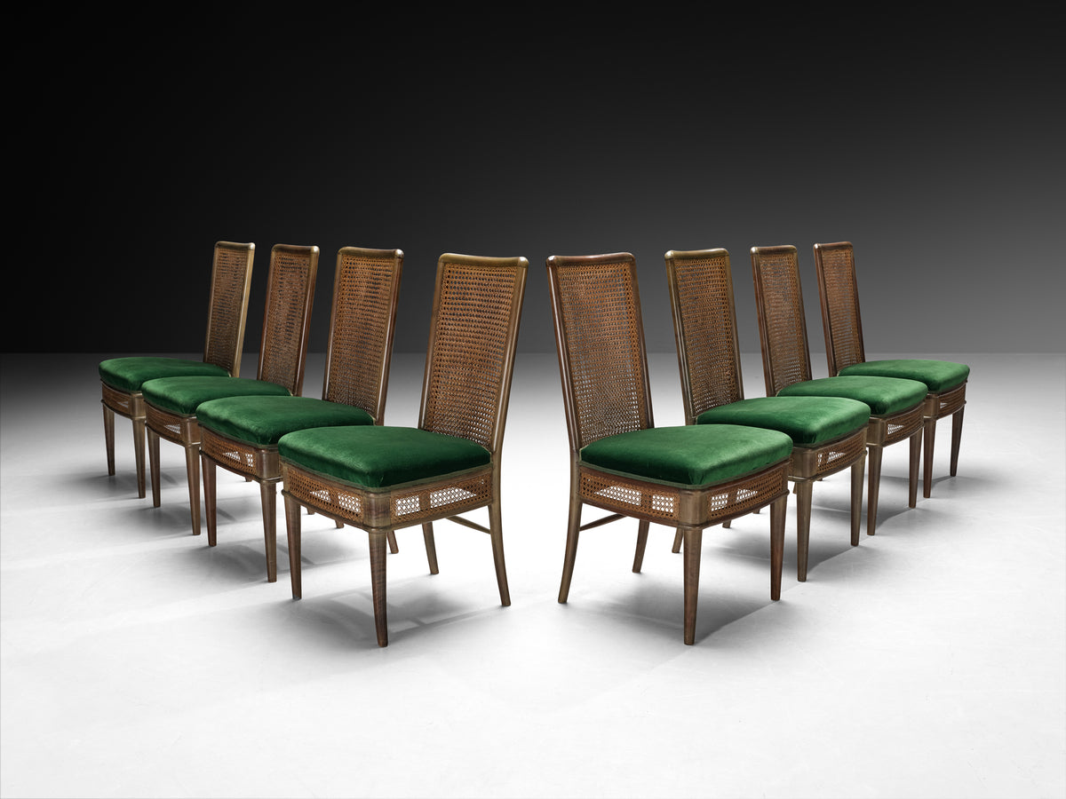Guglielmo Ulrich for Ar.Ca Set of Eight Dining Chairs in Cane and Dark Green Velvet