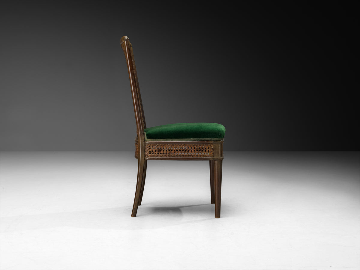 Guglielmo Ulrich for Ar.Ca Set of Eight Dining Chairs in Cane and Dark Green Velvet