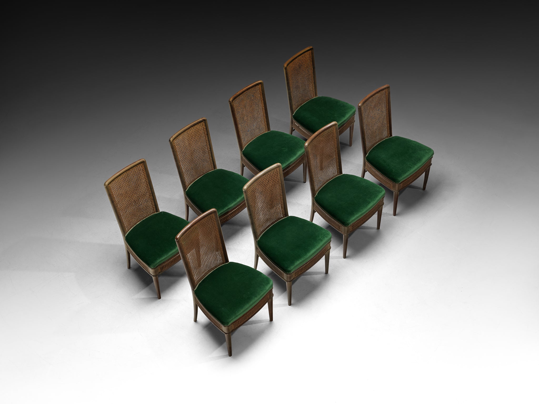 Guglielmo Ulrich for Ar.Ca Set of Eight Dining Chairs in Cane and Dark Green Velvet Seating Morentz