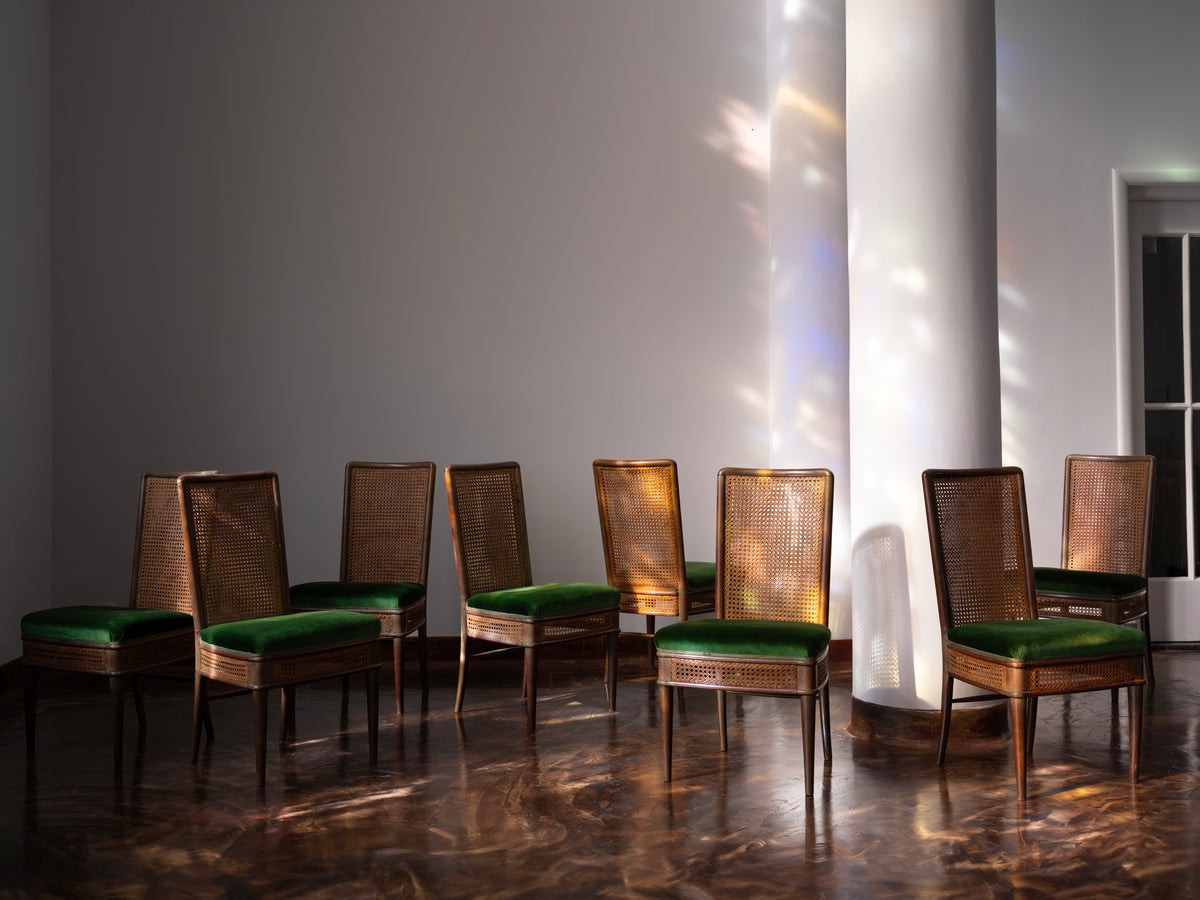 Guglielmo Ulrich for Ar.Ca Set of Eight Dining Chairs in Cane and Dark Green Velvet