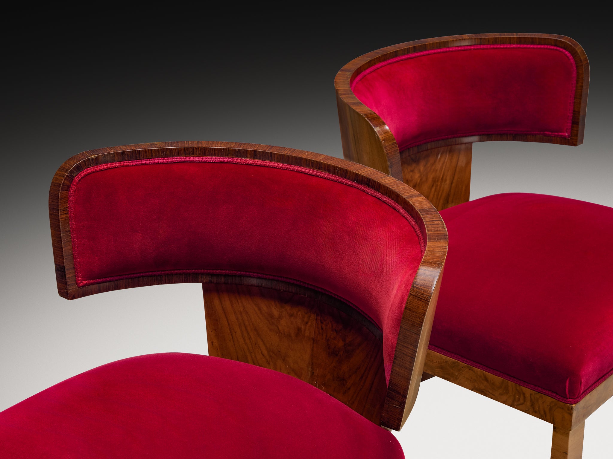 Ernesto Lapadula Pair of Lounge Chairs in Walnut Burl and Red Velvet Upholstery Seating Morentz