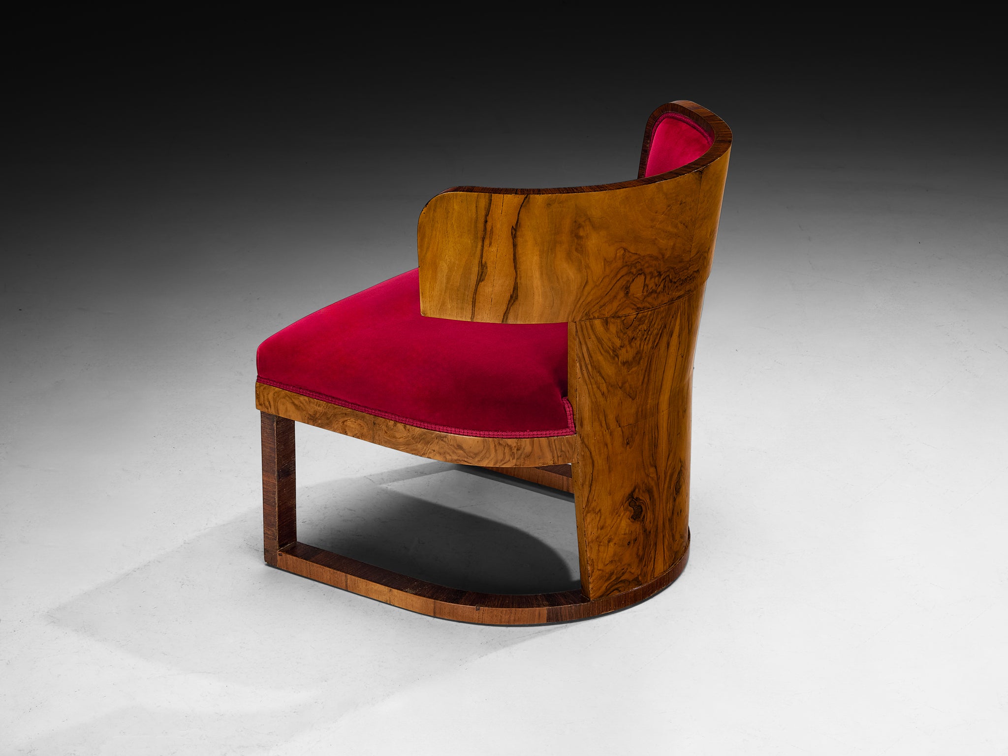 Ernesto Lapadula Pair of Lounge Chairs in Walnut Burl and Red Velvet Upholstery Seating Morentz