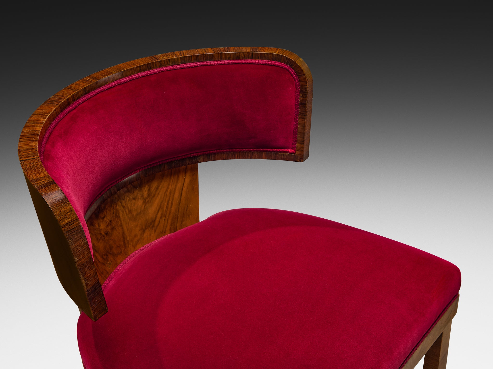 Ernesto Lapadula Pair of Lounge Chairs in Walnut Burl and Red Velvet Upholstery Seating Morentz