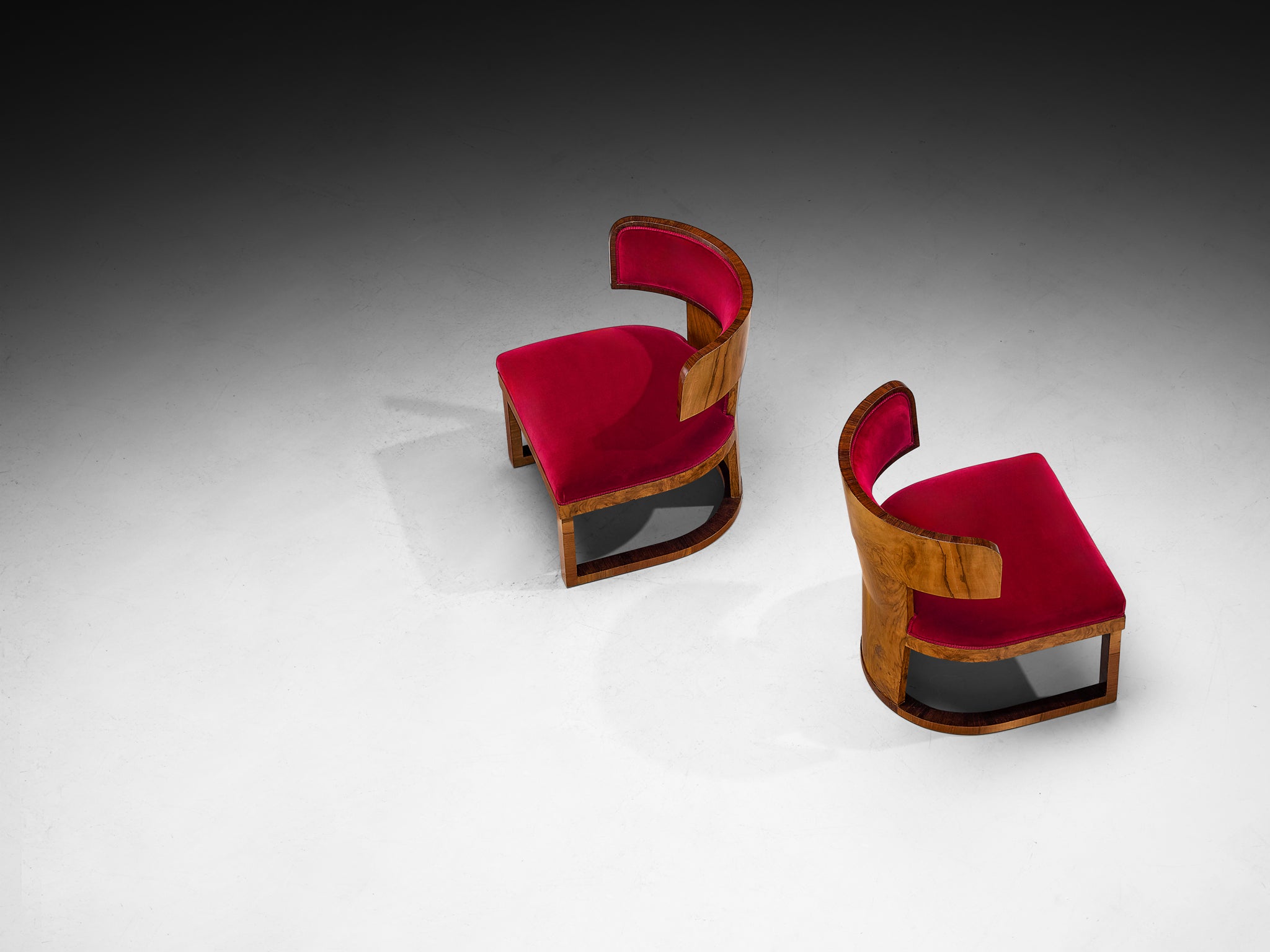 Ernesto Lapadula Pair of Lounge Chairs in Walnut Burl and Red Velvet Upholstery Seating Morentz