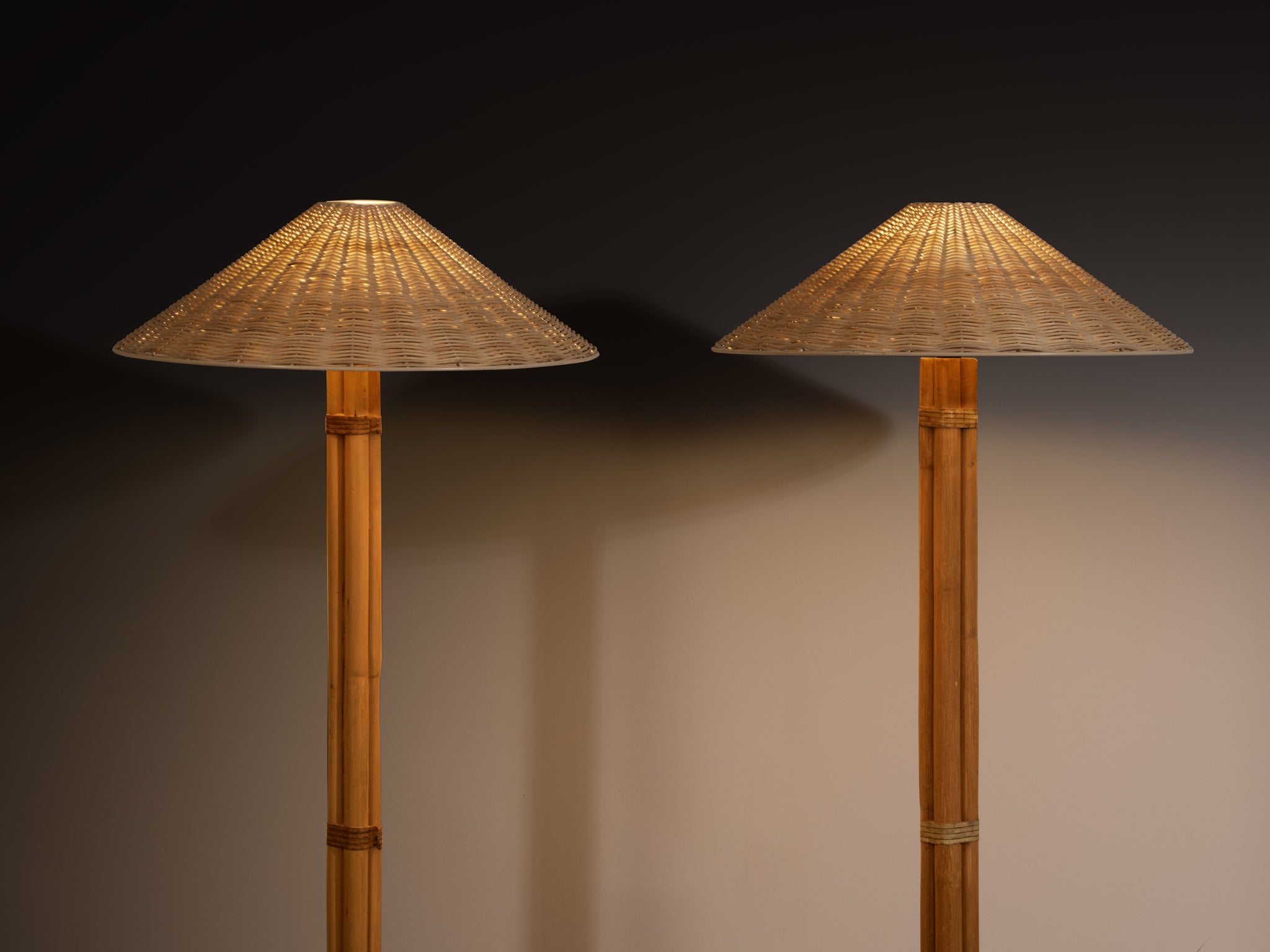 Pair of Bergboms 'G 105' Floor Lamps in Bamboo Cane and Brass Lighting Morentz