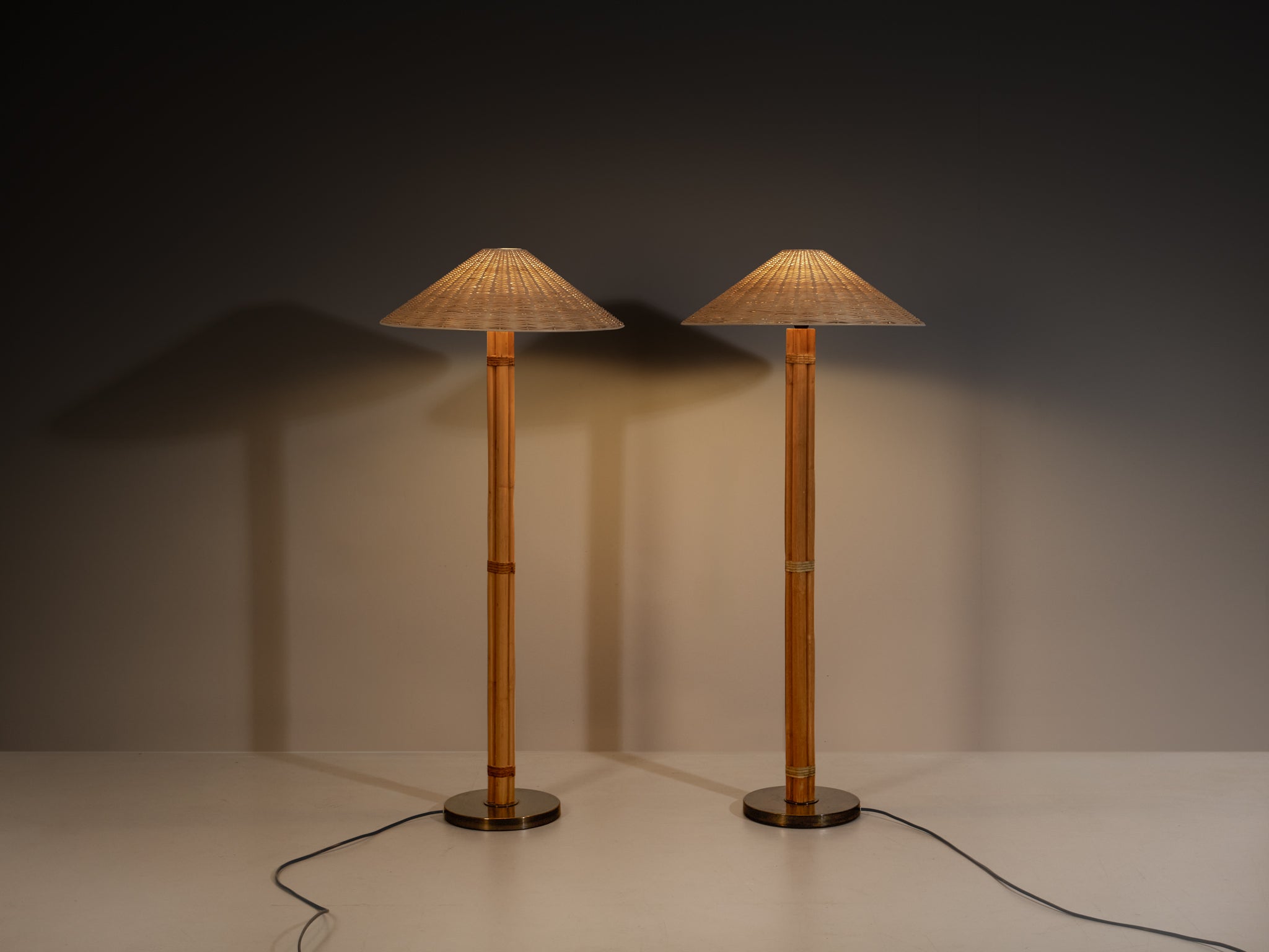 Pair of Bergboms 'G 105' Floor Lamps in Bamboo Cane and Brass Lighting Morentz