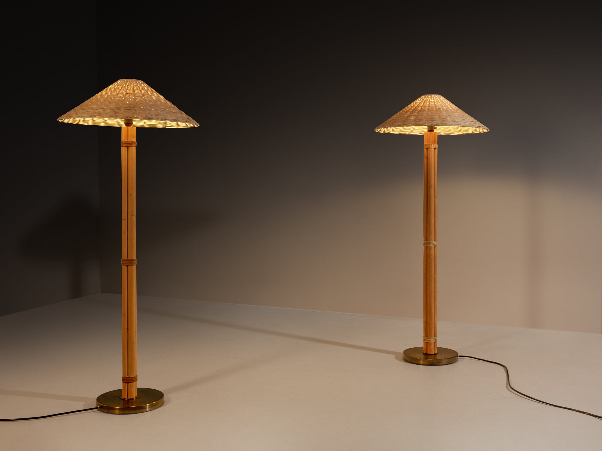 Pair of Bergboms 'G105' Floor Lamps in Bamboo Cane and Brass Lighting Morentz