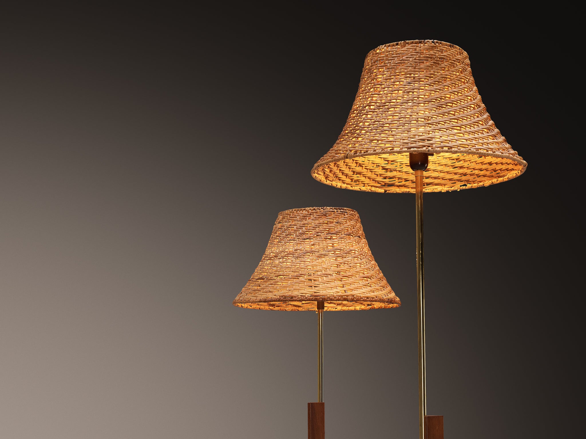 Rare Svend Aage Holm Sørensen Pair of Adjustable Floor Lamps in Cane and Teak
