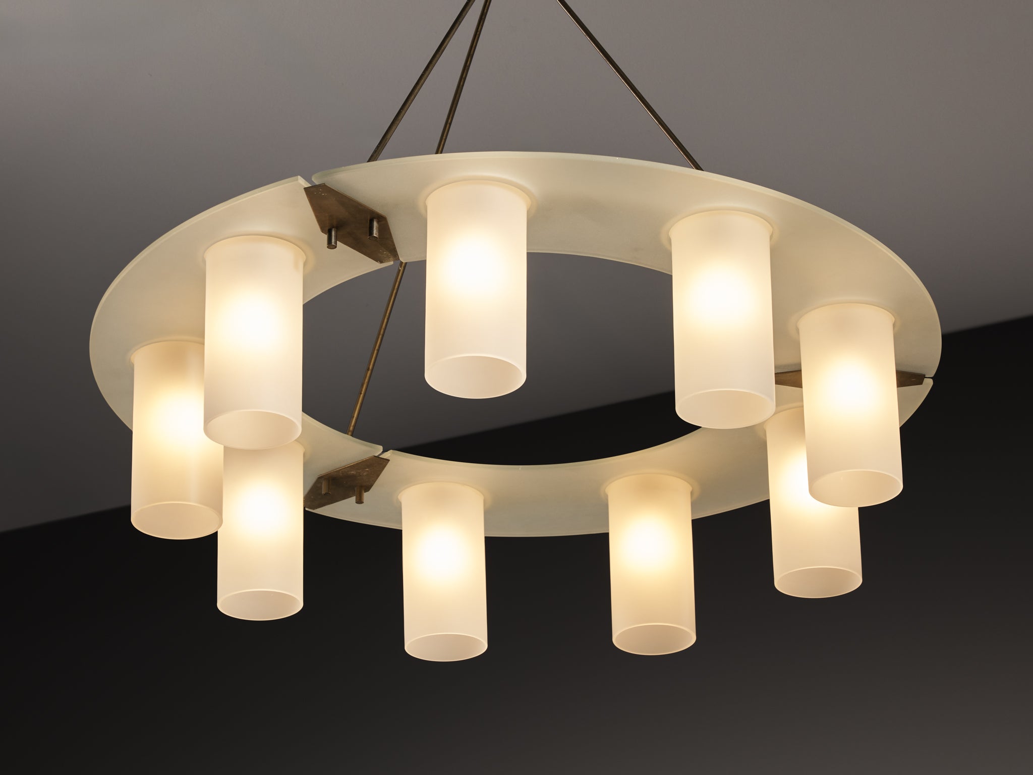 1950s Mid-Century Modern Italian Chandelier in Satin Glass and Brass Lighting Morentz