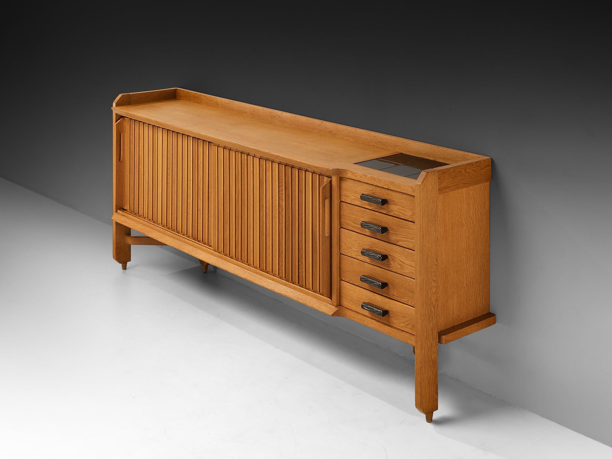 Guillerme & Chambron Carved Sideboard in Solid Oak and Ceramic