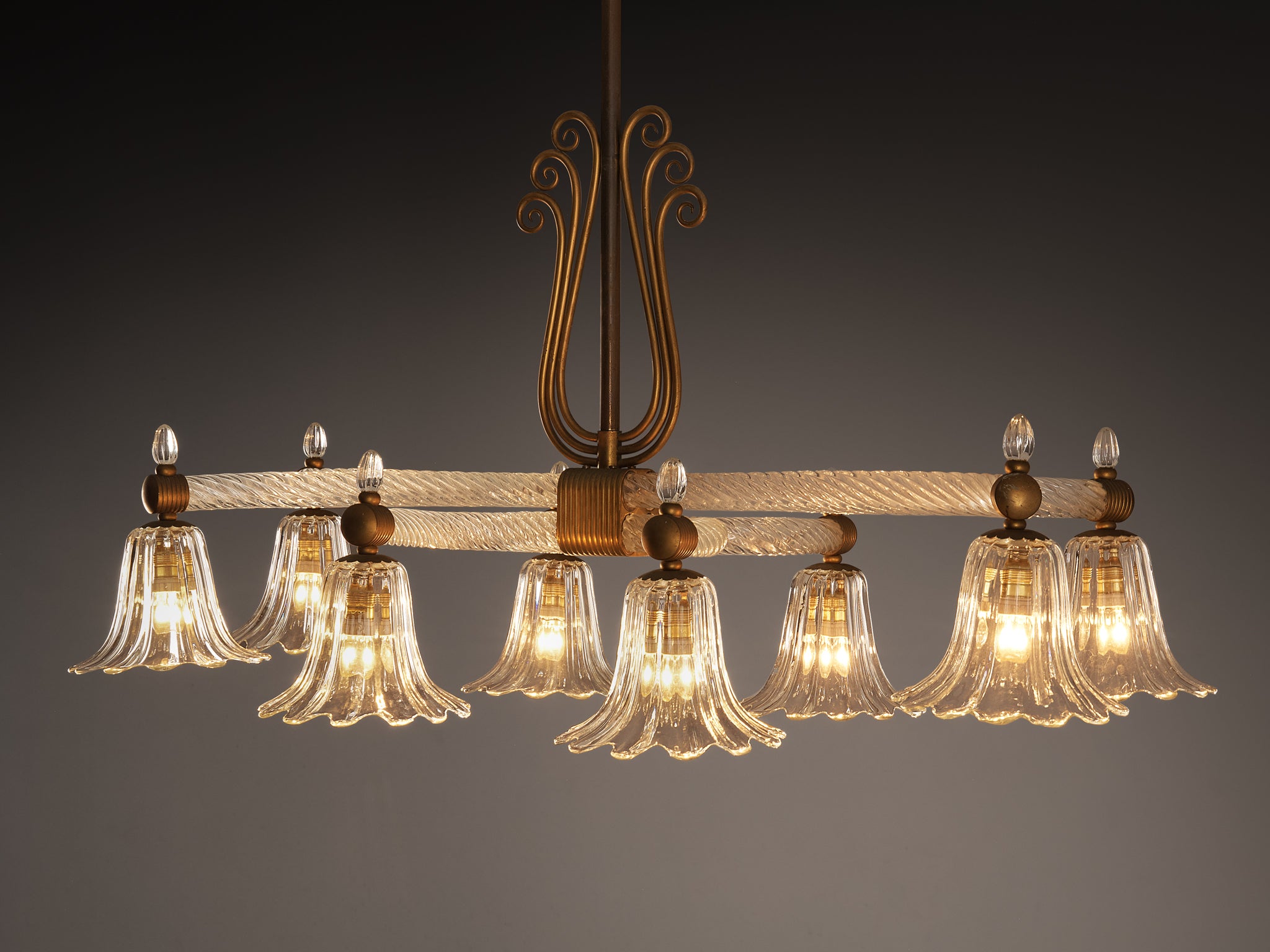 Barovier & Toso Large Italian Chandelier in Crystal Glass and Brass Lighting Morentz