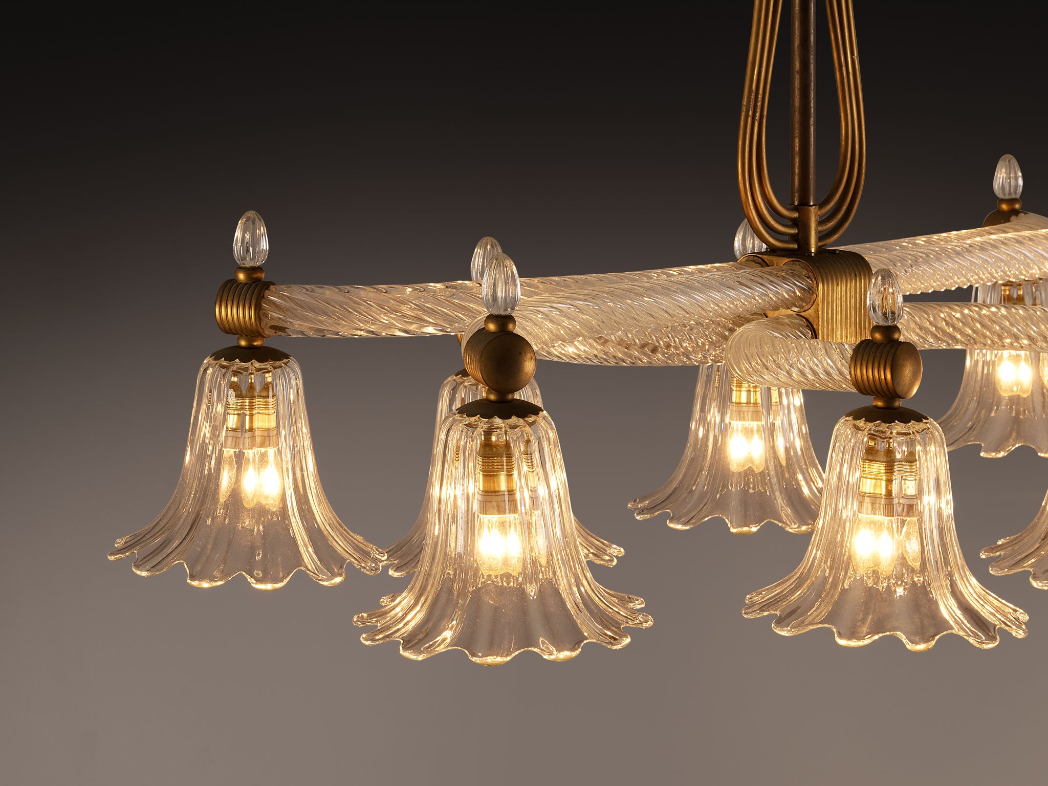 Barovier & Toso Large Italian Chandelier in Crystal Glass and Brass Lighting Morentz