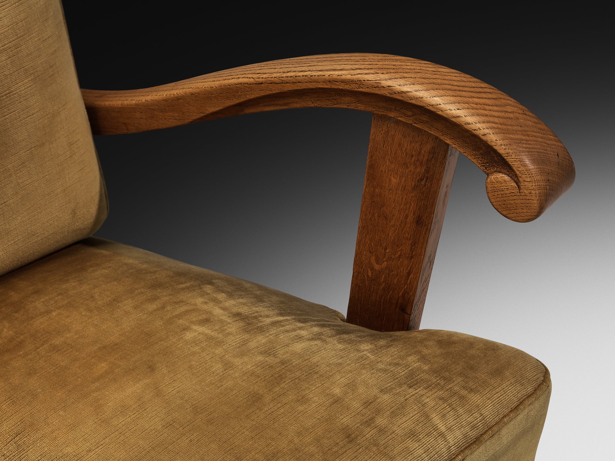 French Art Deco Lounge Chair in Solid Oak and Neutral Corduroy Velvet Upholstery Seating Morentz