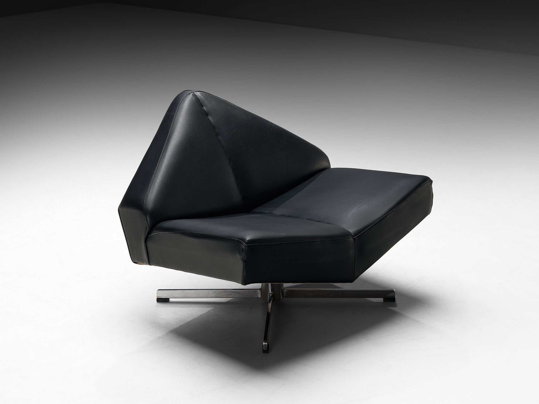Rare Schmieder Angular Faceted 'Brasilia' Lounge Chairs in Black Leather and Steel Seating Morentz