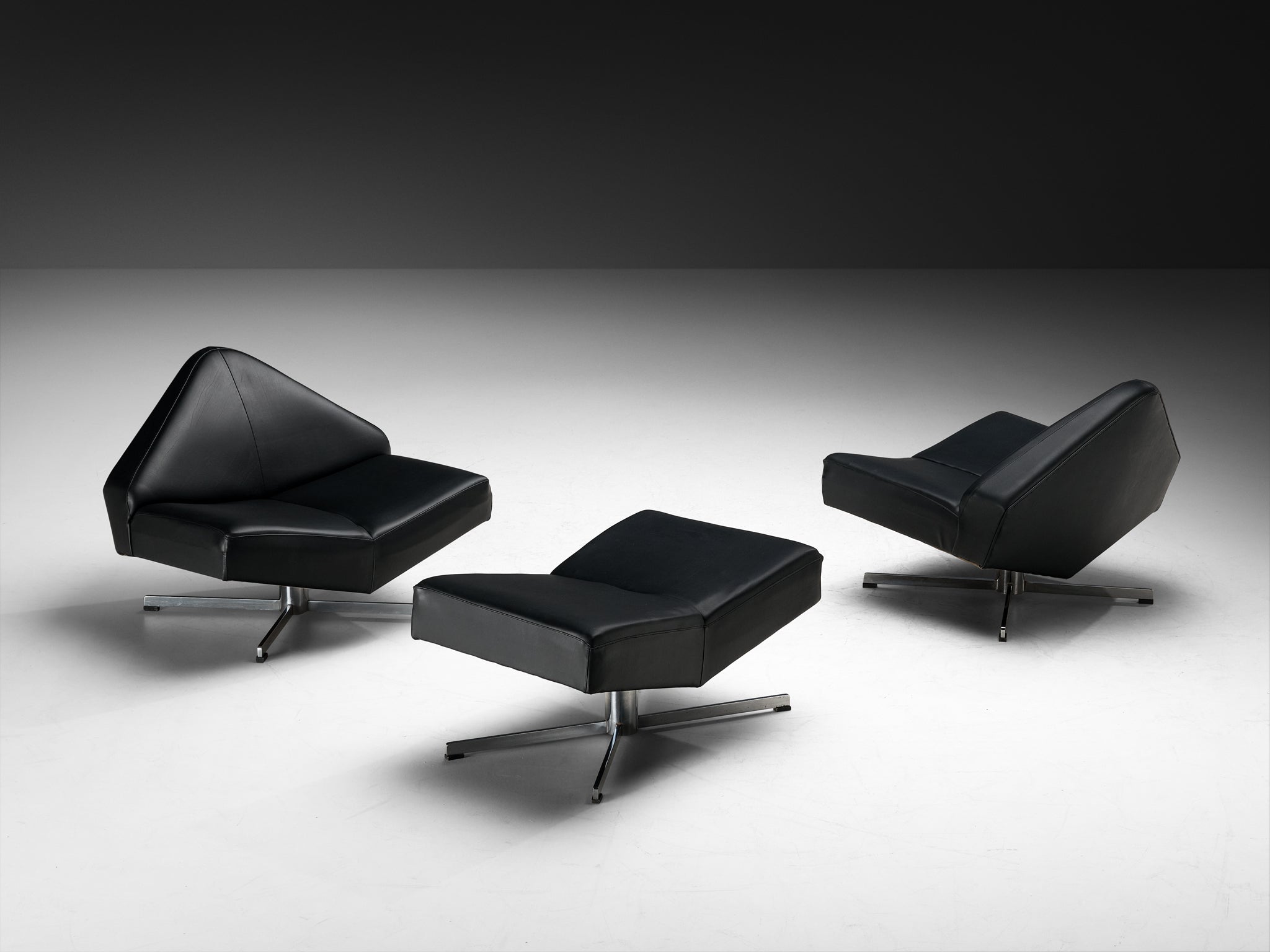 Rare Schmieder Angular Faceted 'Brasilia' Lounge Chairs in Black Upholstery and Steel Seating Morentz