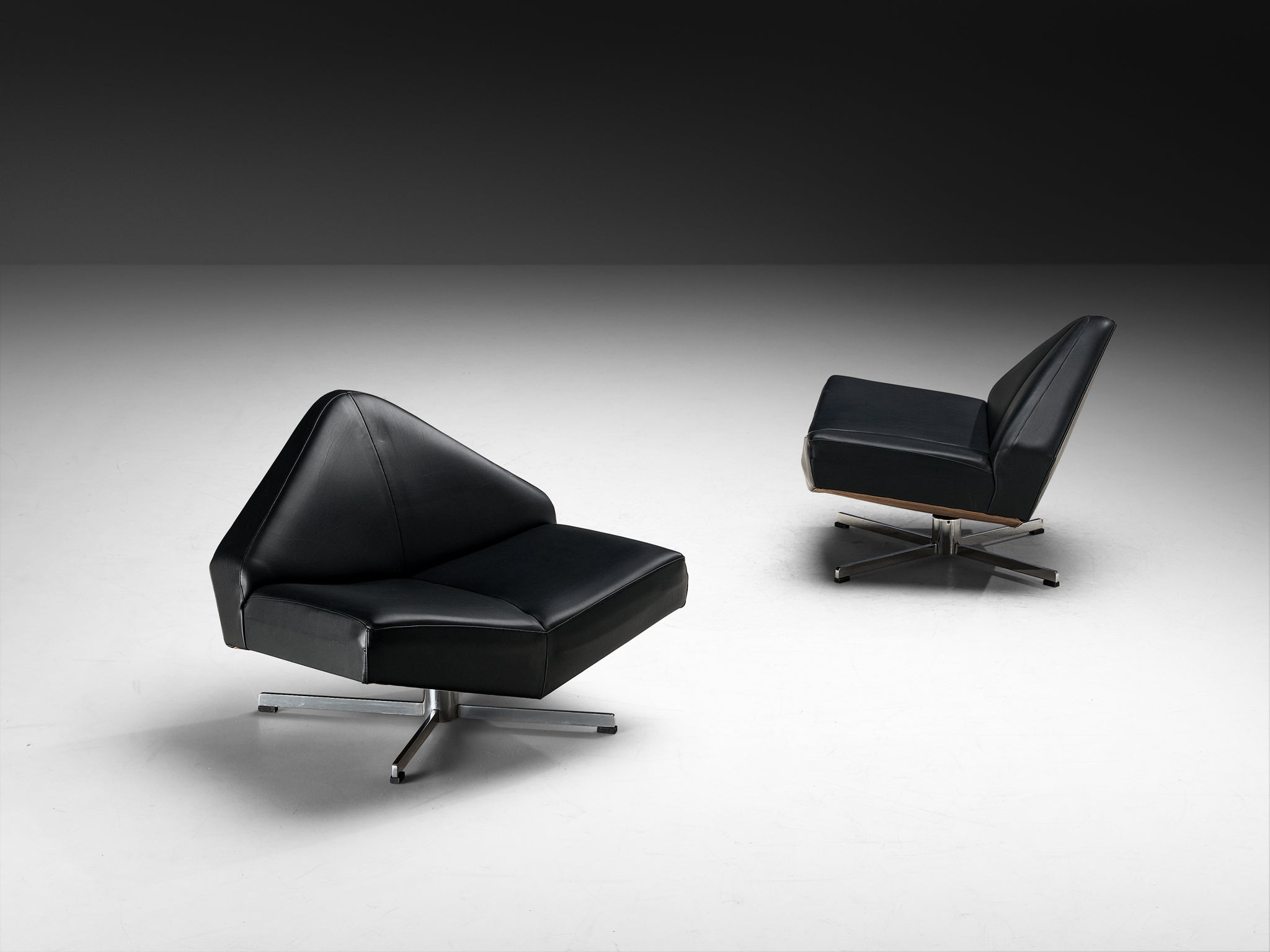 Rare Schmieder Angular Faceted 'Brasilia' Lounge Chairs in Black Leather and Steel Seating Morentz