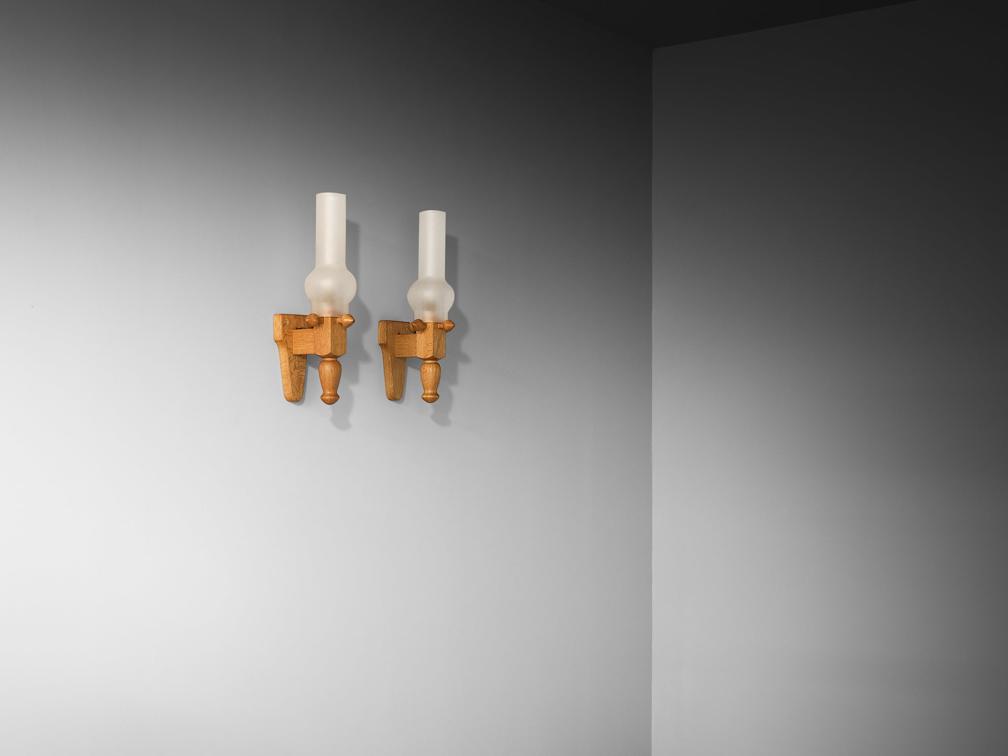 Guillerme & Chambron Pair of Wall Lights in Oak and Glass Lighting Morentz