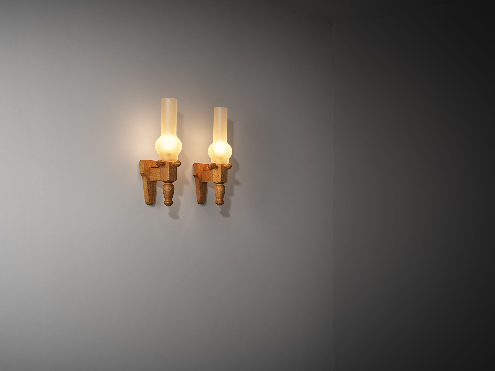 Guillerme & Chambron Pair of Wall Lights in Oak and Glass Lighting Morentz