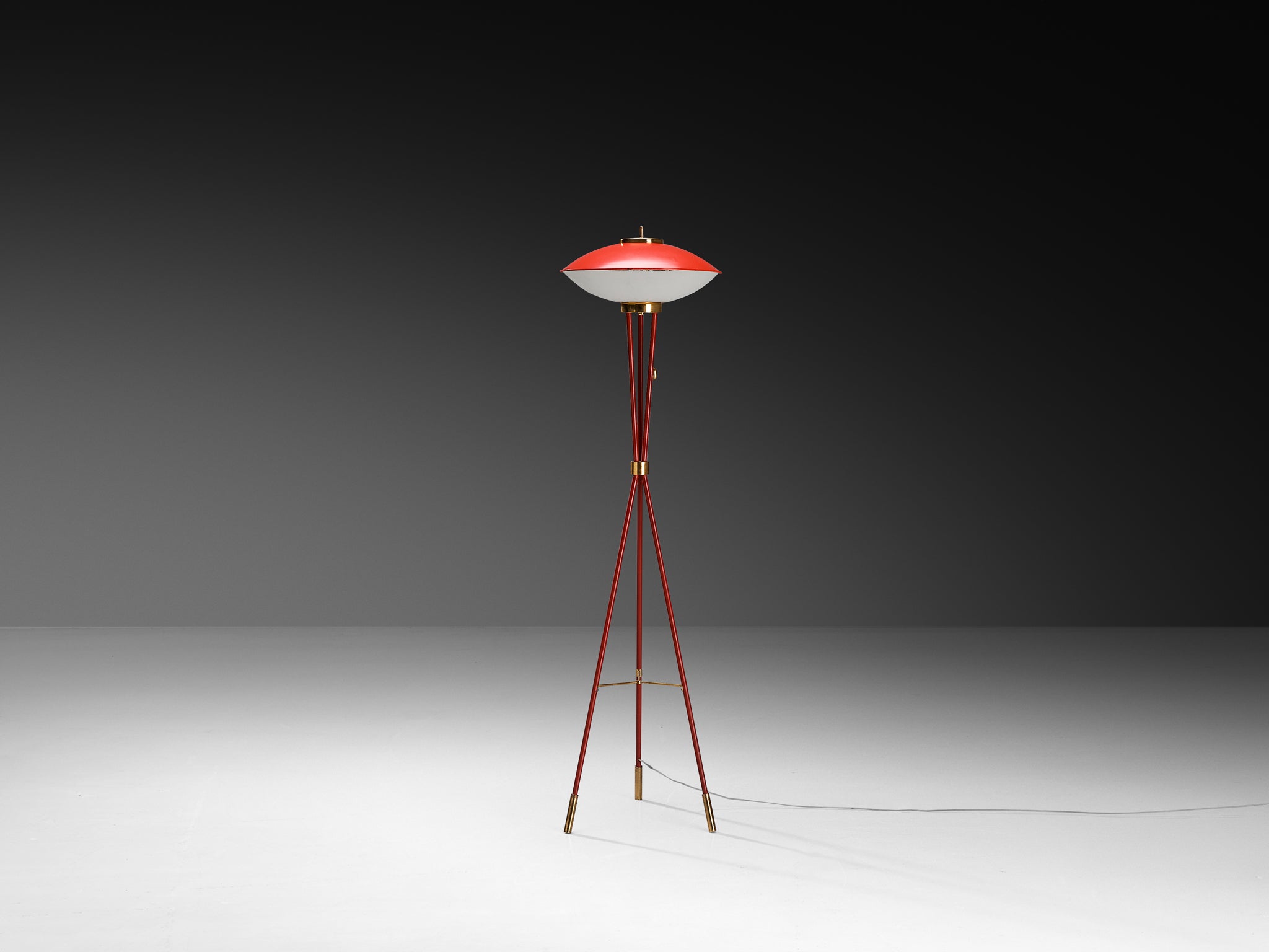 1950s Stilnovo Floor Lamp in Brass Glass and Red Lacquered Steel Lighting Morentz