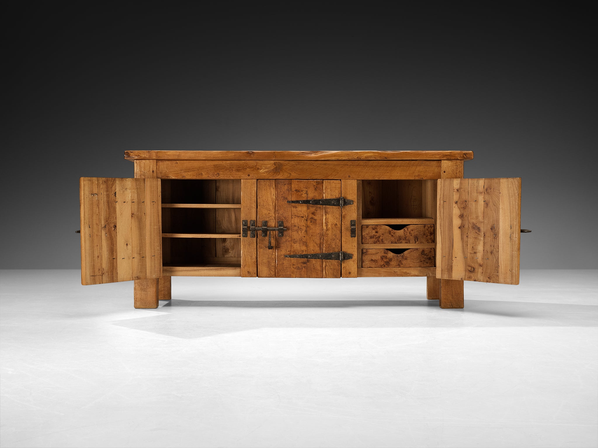 Charles Flandre Sideboard in Solid Elm and Wrought Iron Case pieces and storage cabinets Morentz