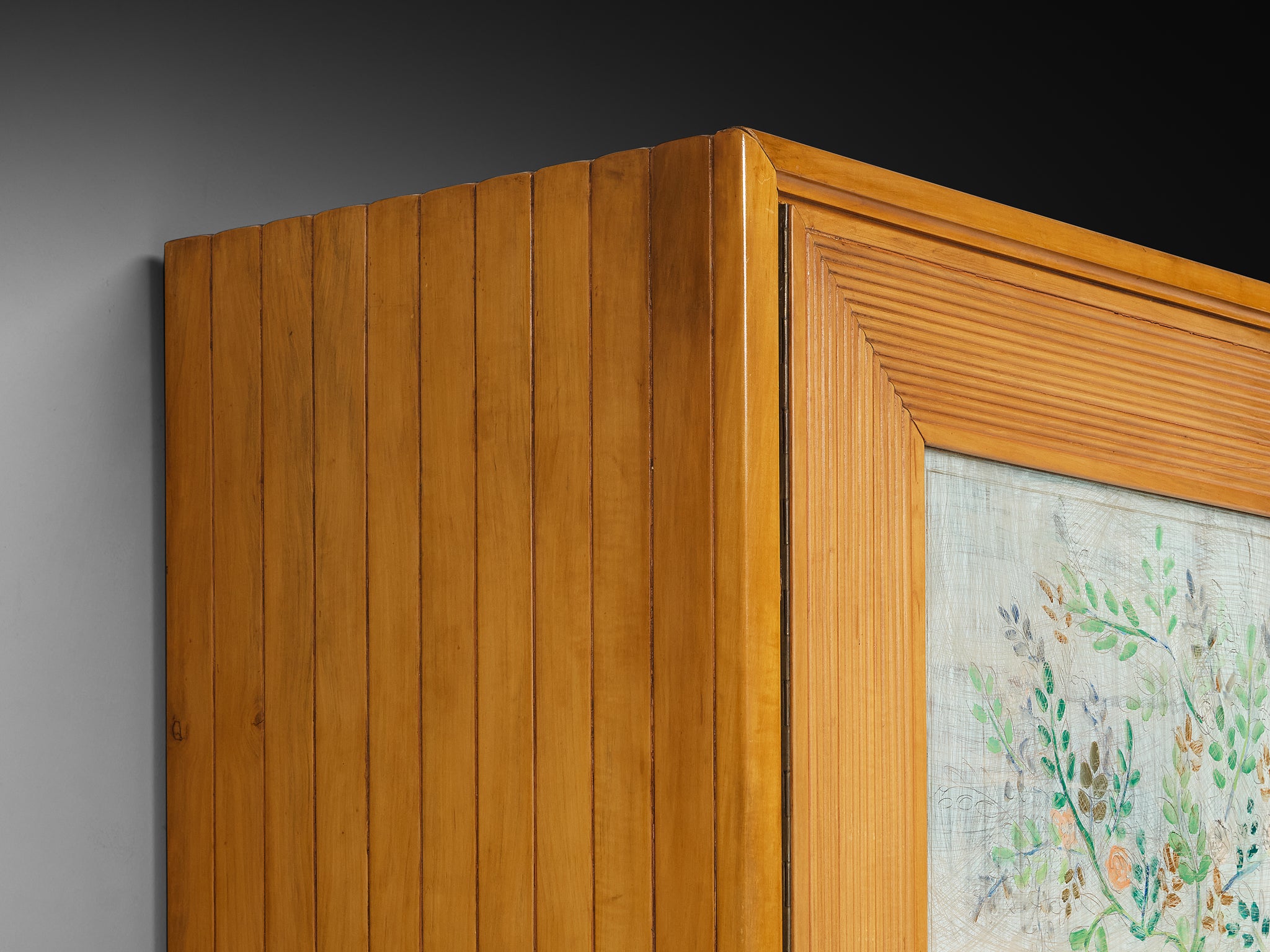 Unique Osvaldo Borsani Highboard in Cherry with Romantic Painted Panels Case pieces and storage cabinets Morentz