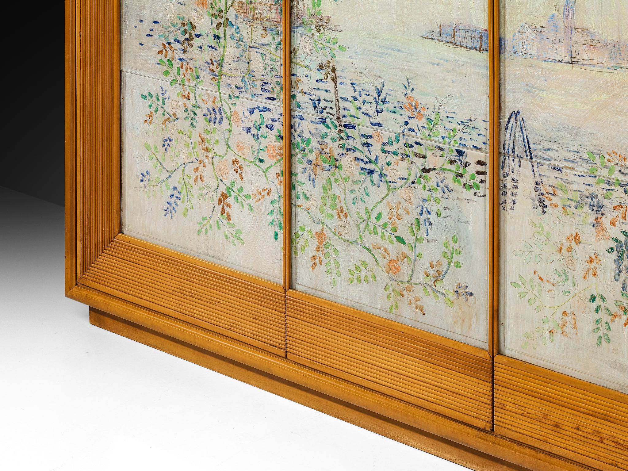 Unique Osvaldo Borsani Highboard in Cherry with Romantic Painted Panels Case pieces and storage cabinets Morentz