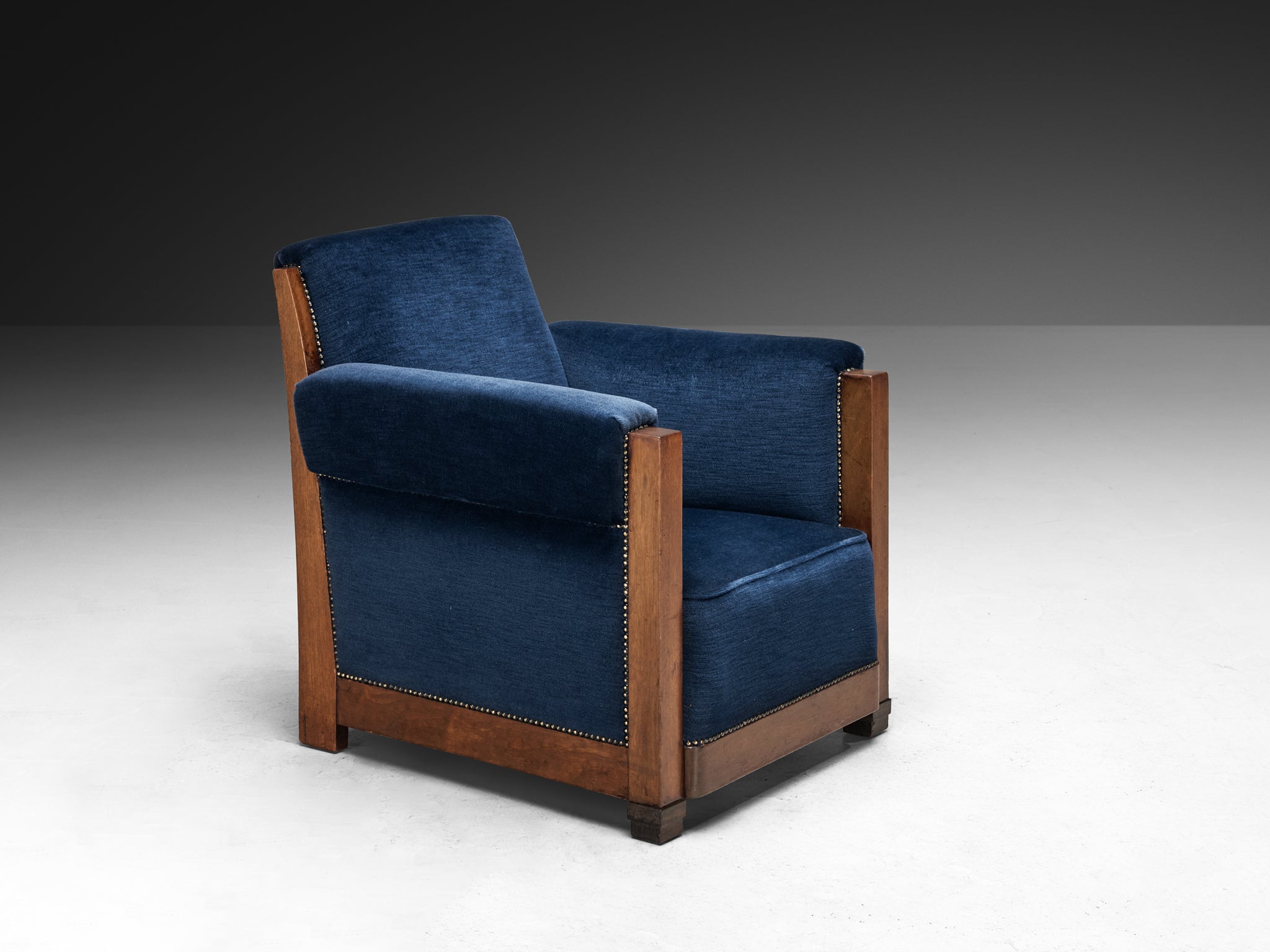Art Deco Club Chair in Walnut and Blue Velvet Seating Morentz