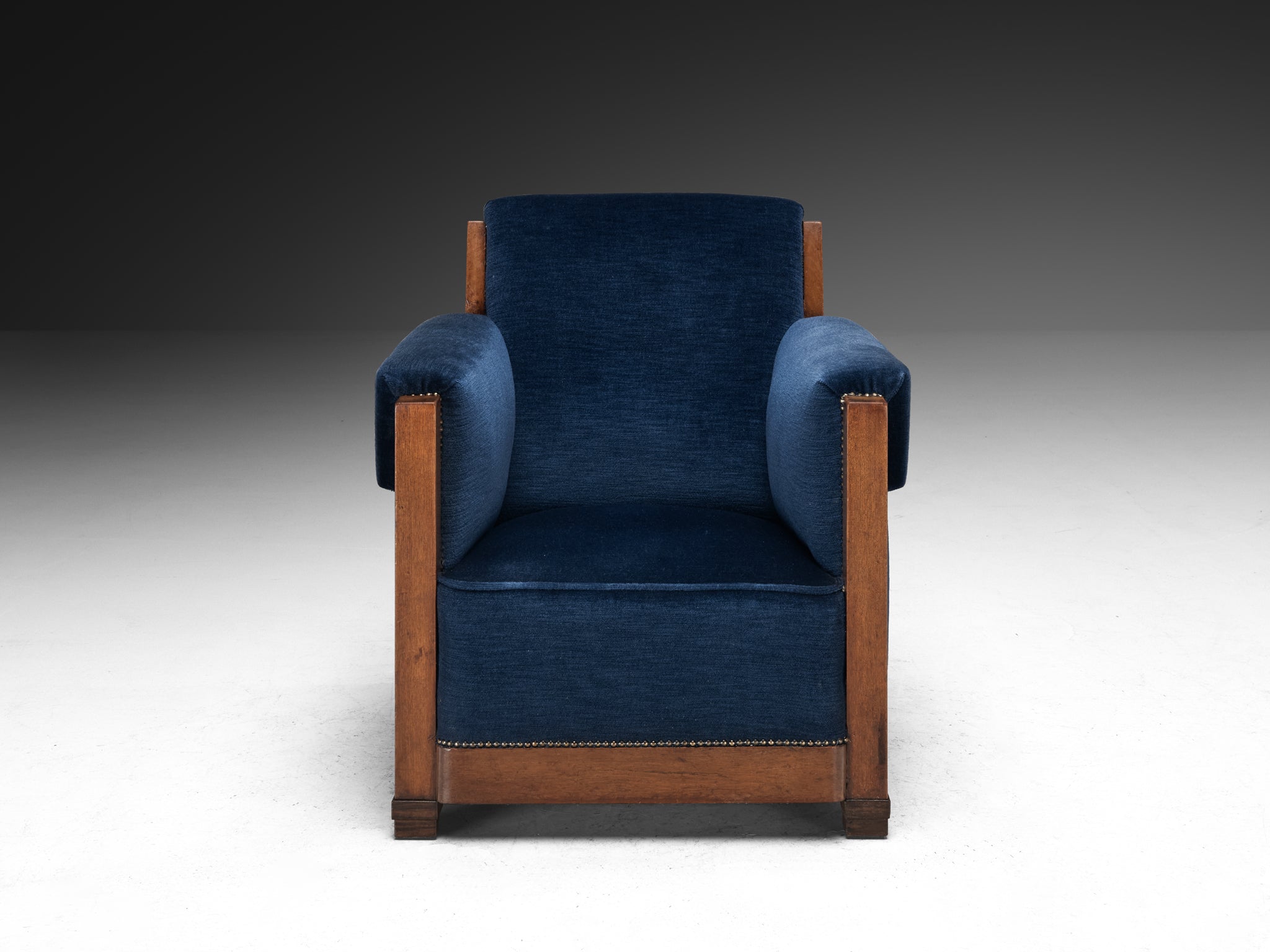 Art Deco Club Chair in Walnut and Blue Velvet Seating Morentz
