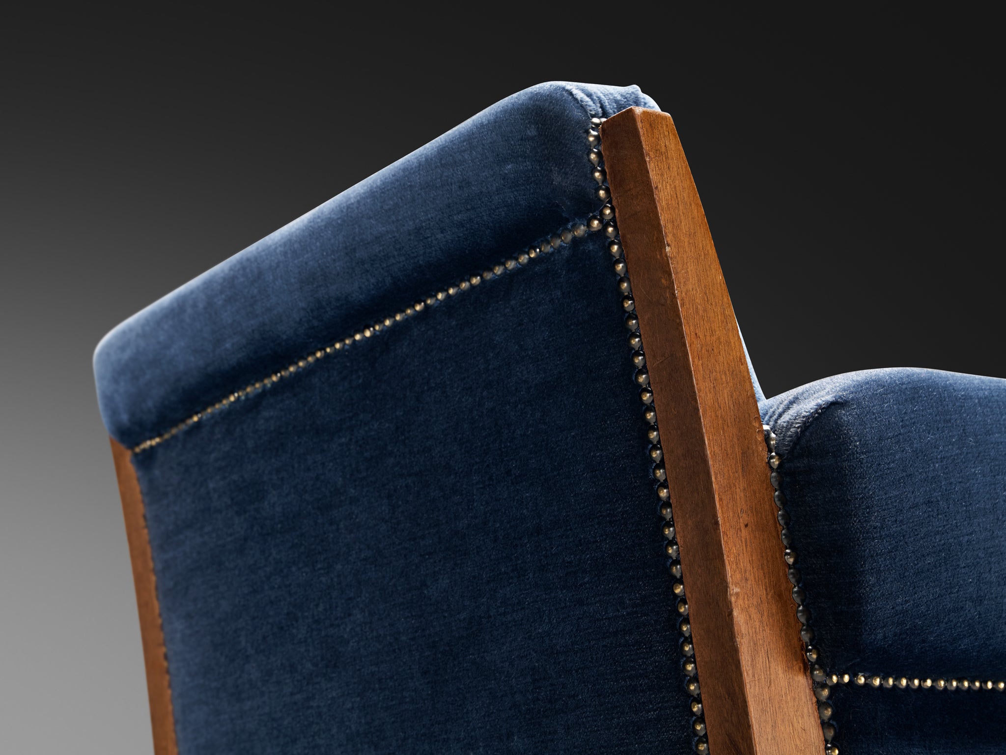 Art Deco Club Chair in Walnut and Blue Velvet Seating Morentz