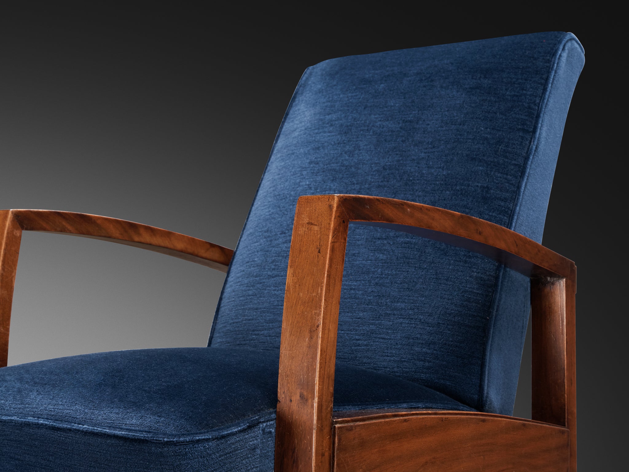 Art Deco Reclining Lounge Chair in Walnut and Blue Velvet Seating Morentz