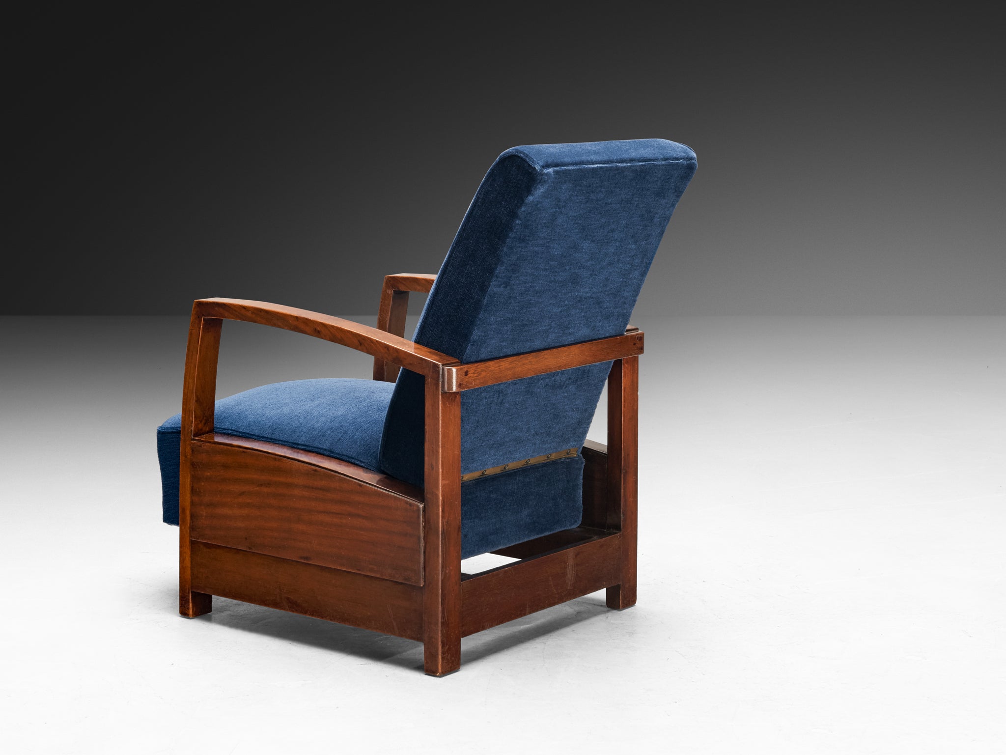 Art Deco Reclining Lounge Chair in Walnut and Blue Velvet Seating Morentz