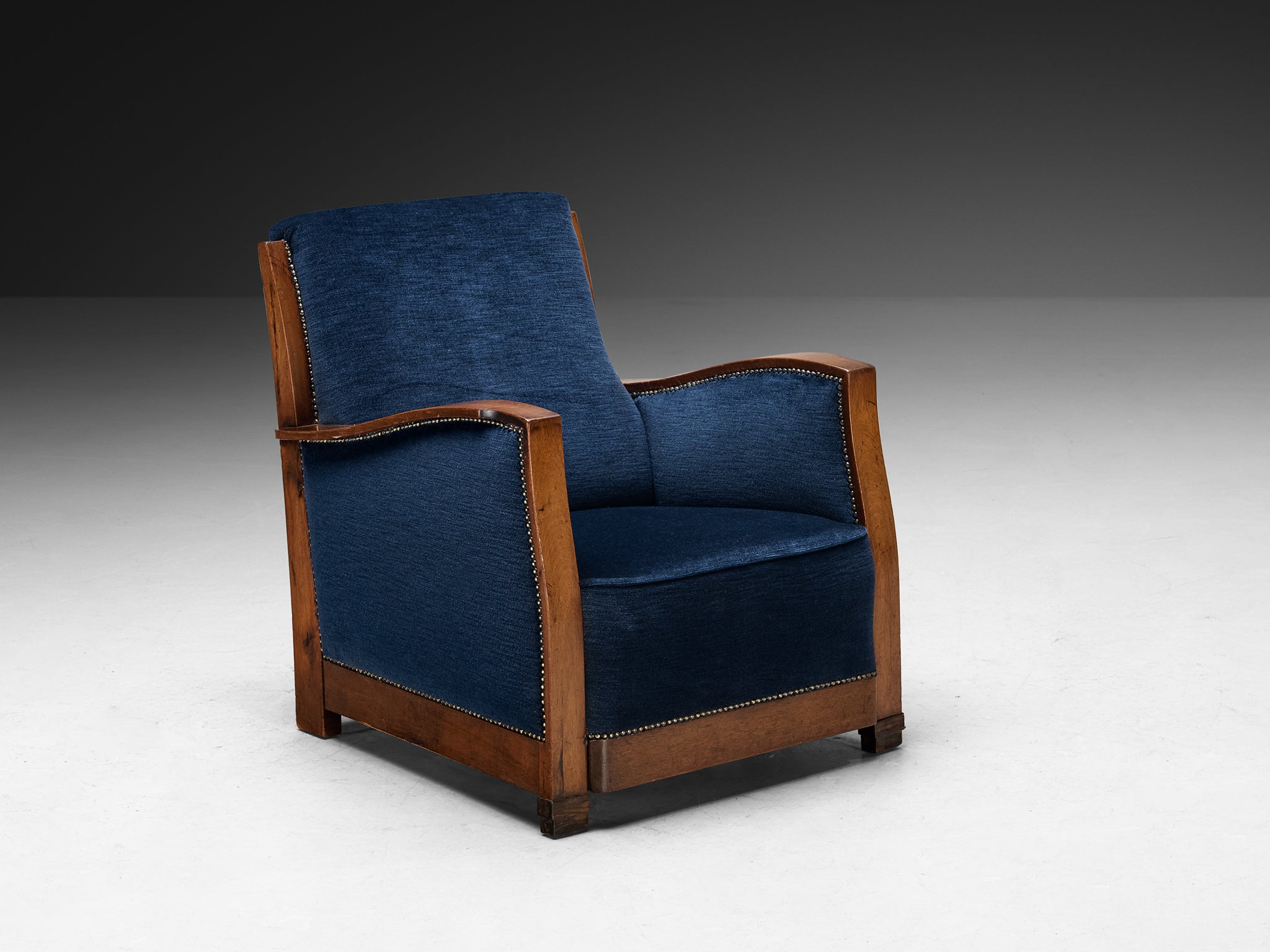 Art Deco Club Chair in Walnut and Blue Velvet Seating Morentz