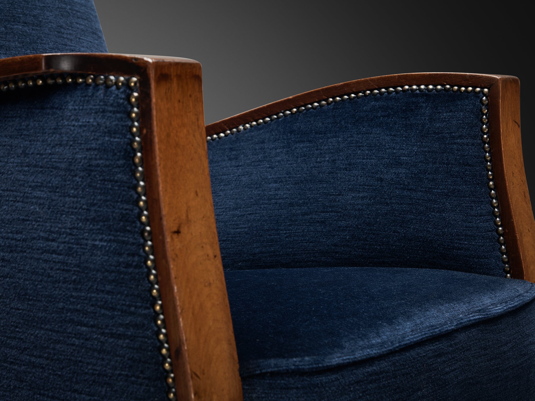 Art Deco Club Chair in Walnut and Blue Velvet Seating Morentz