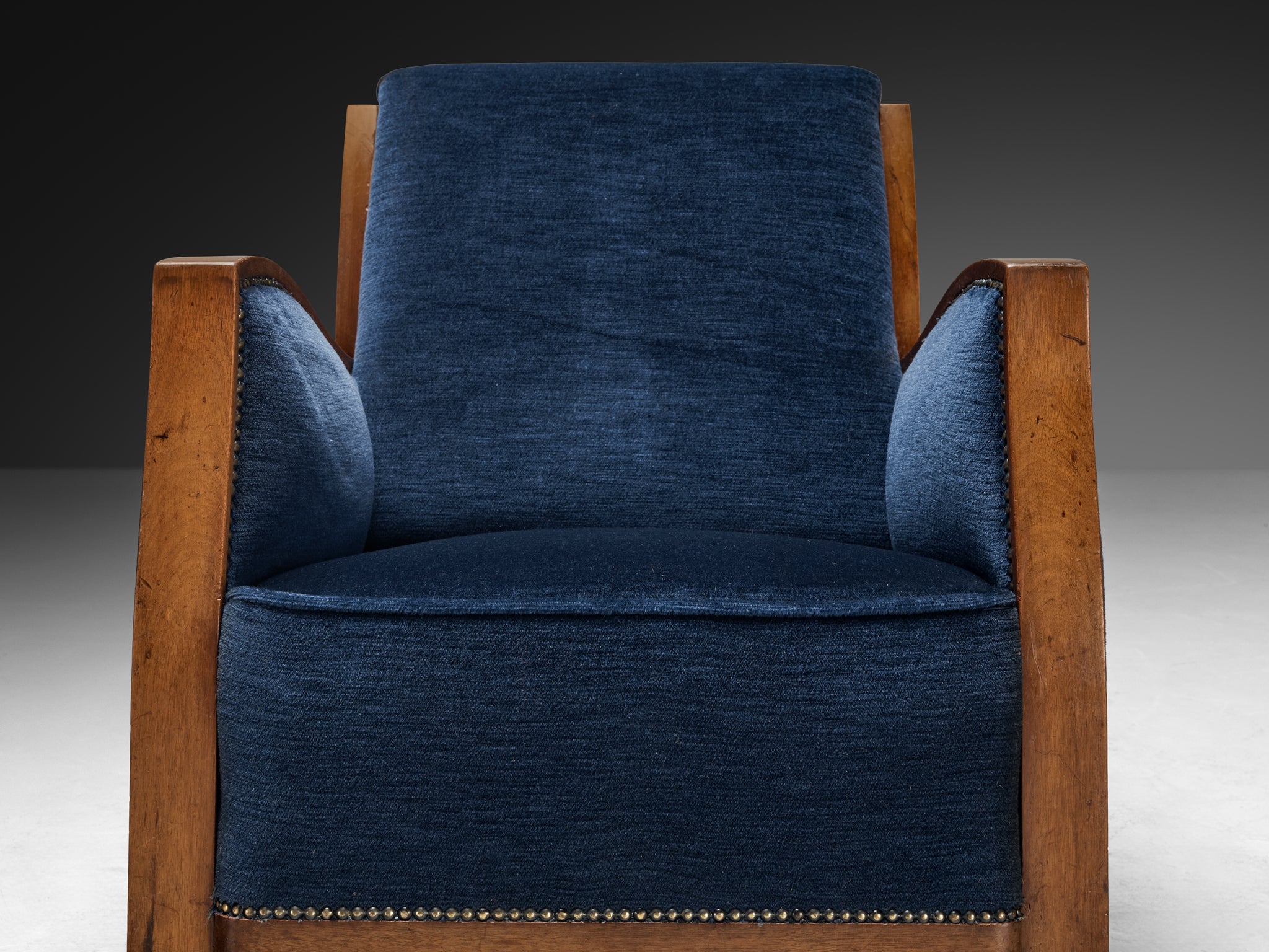 Art Deco Club Chair in Walnut and Blue Velvet Seating Morentz