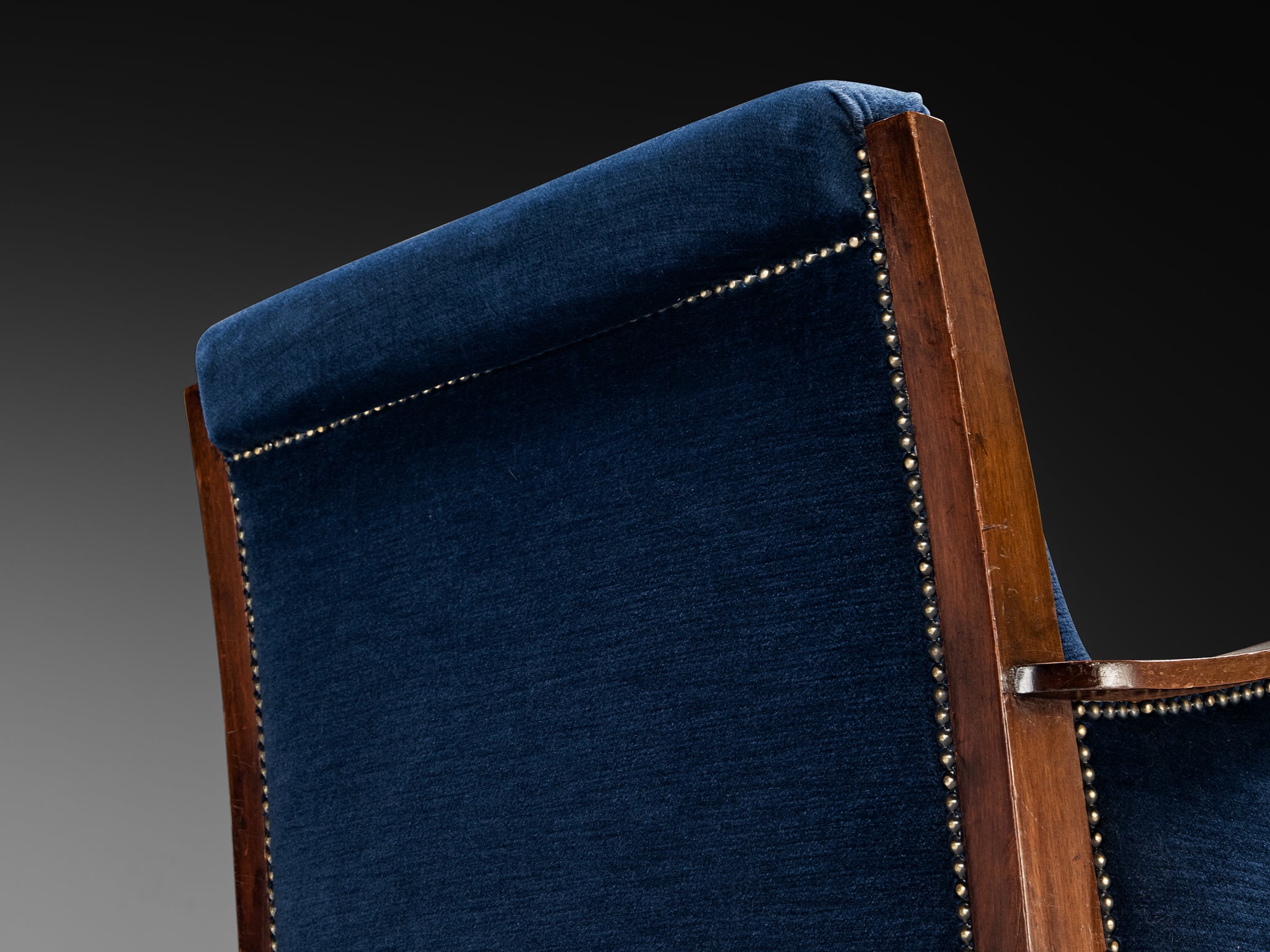 Art Deco Club Chair in Walnut and Blue Velvet Seating Morentz