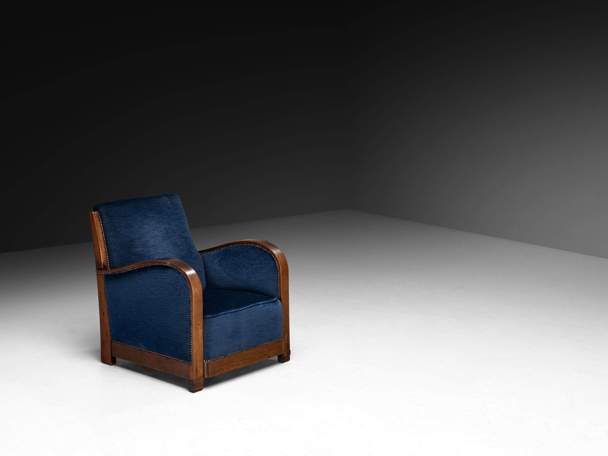Art Deco Club Chair in Walnut and Blue Velvet Seating Morentz