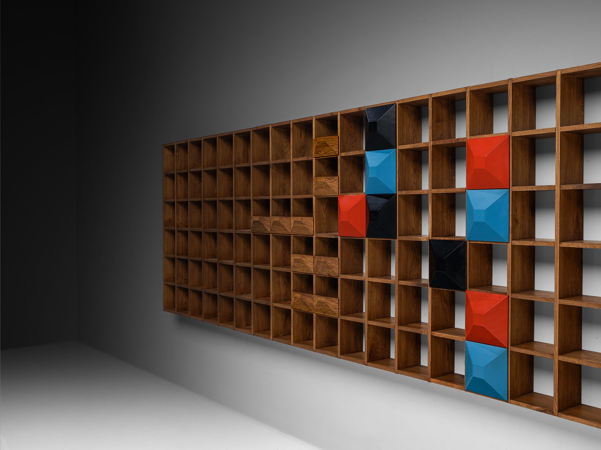 Monumental Mid-Century Italian Wall Unit in Oak with Diamond Shaped Colored Panels (560cm/220in)