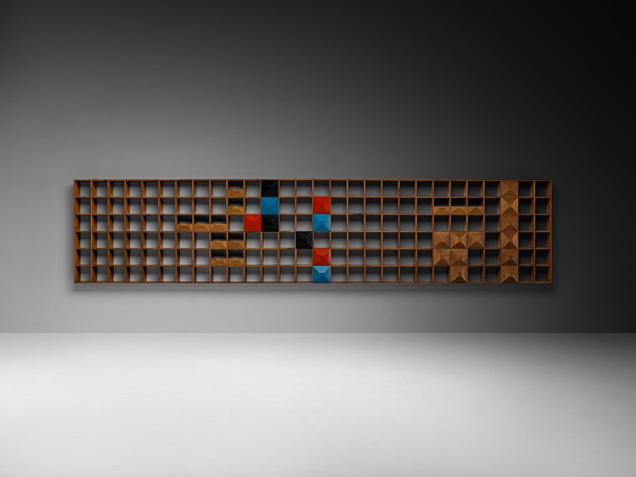 Monumental Mid-Century Italian Wall Unit in Oak with Diamond Shaped Colored Panels (560cm/220in)