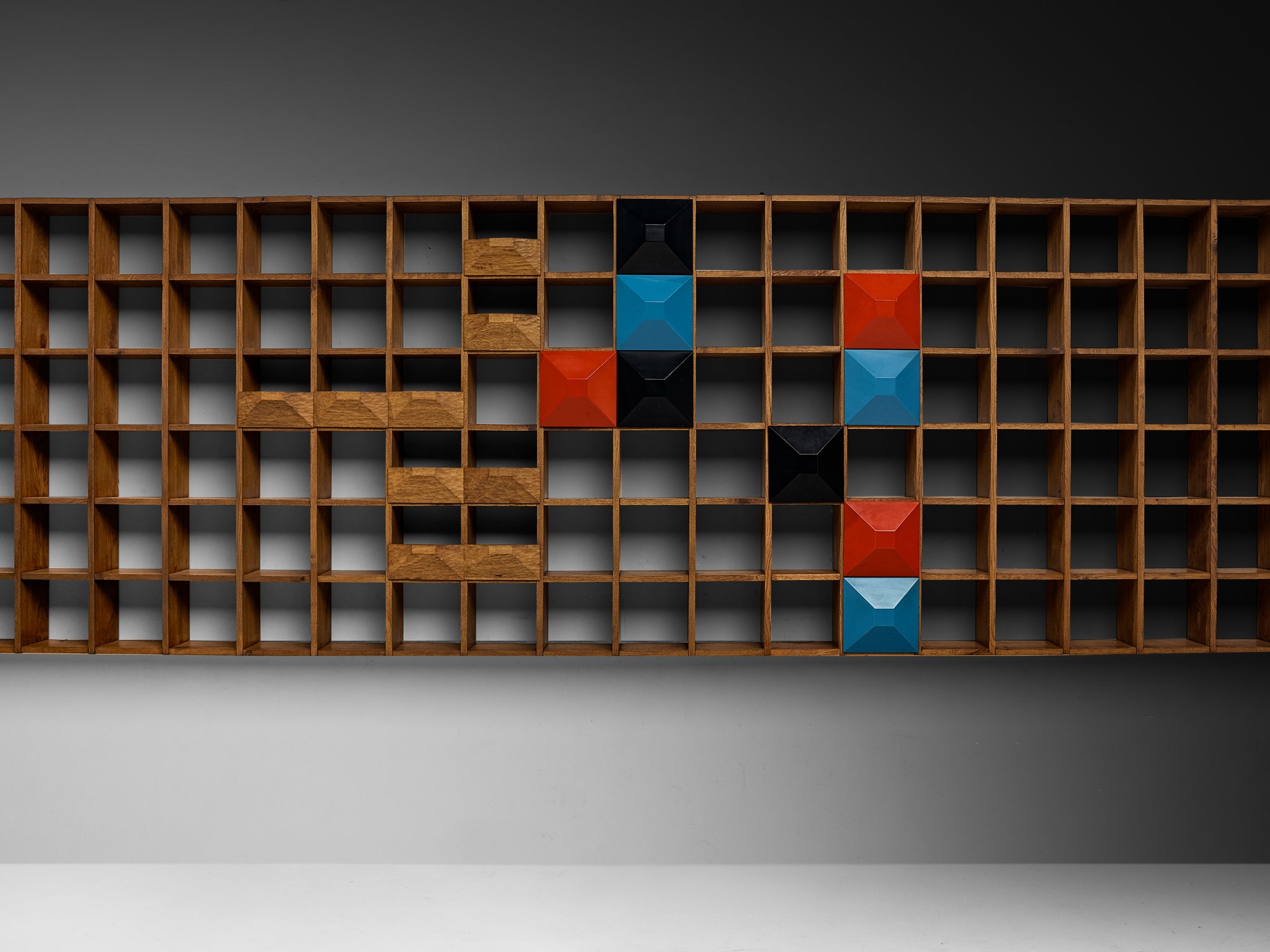 Monumental Mid-Century Italian Wall Unit in Oak with Diamond Shaped Colored Panels (560cm/220in)