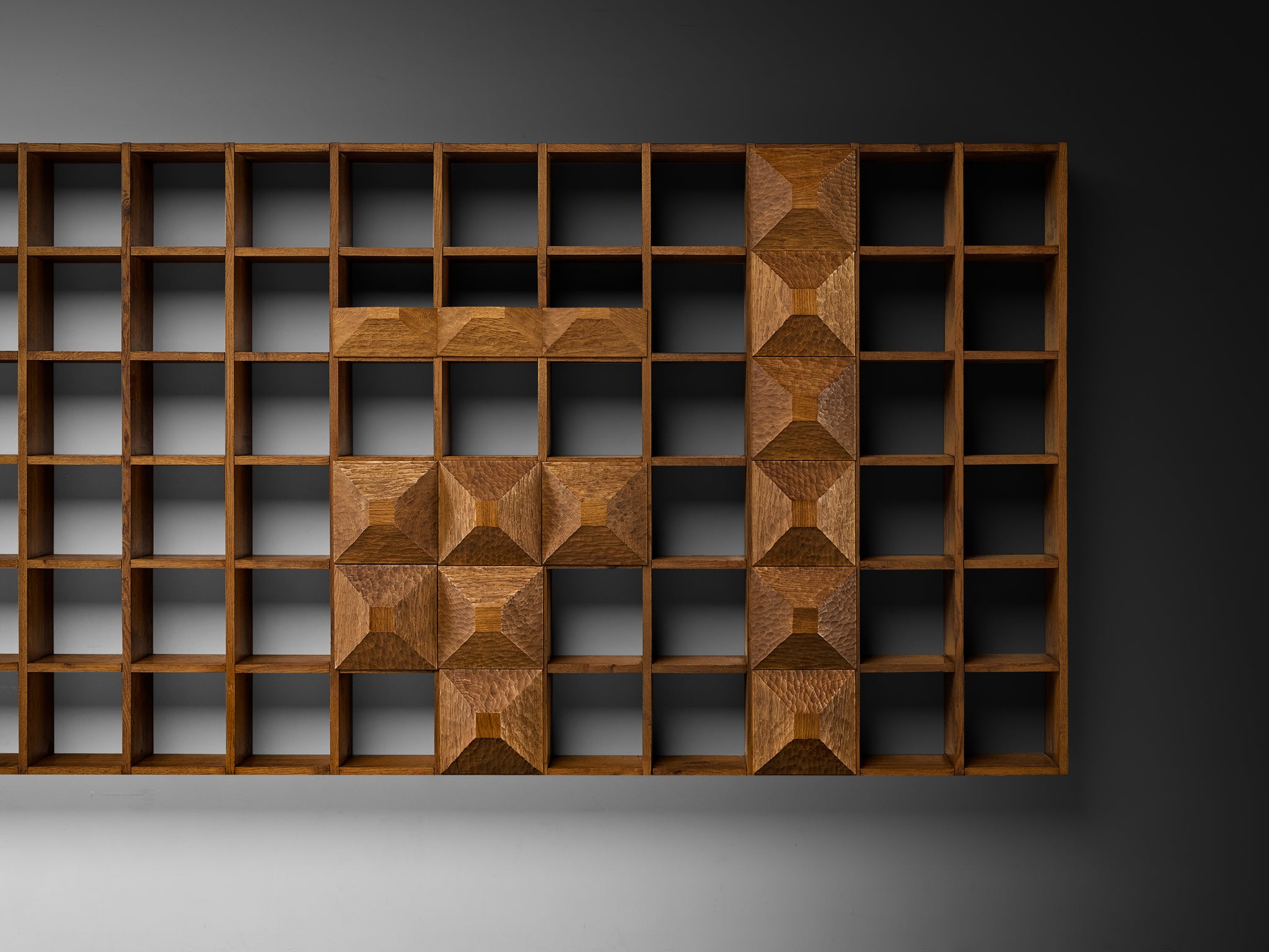 Monumental Mid-Century Italian Wall Unit in Oak with Diamond Shaped Colored Panels (560cm/220in)