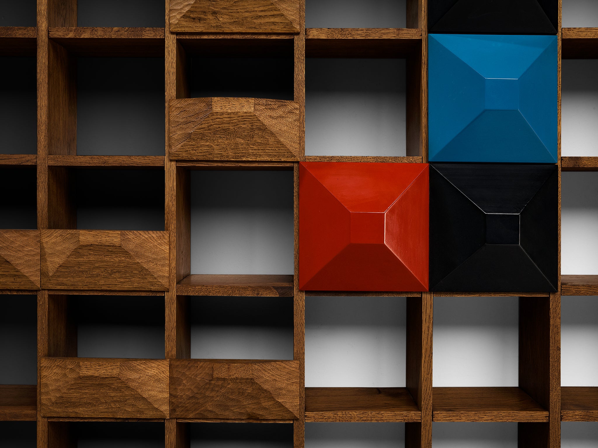 Monumental Mid-Century Italian Wall Unit in Oak with Diamond Shaped Colored Panels (560cm/220in)