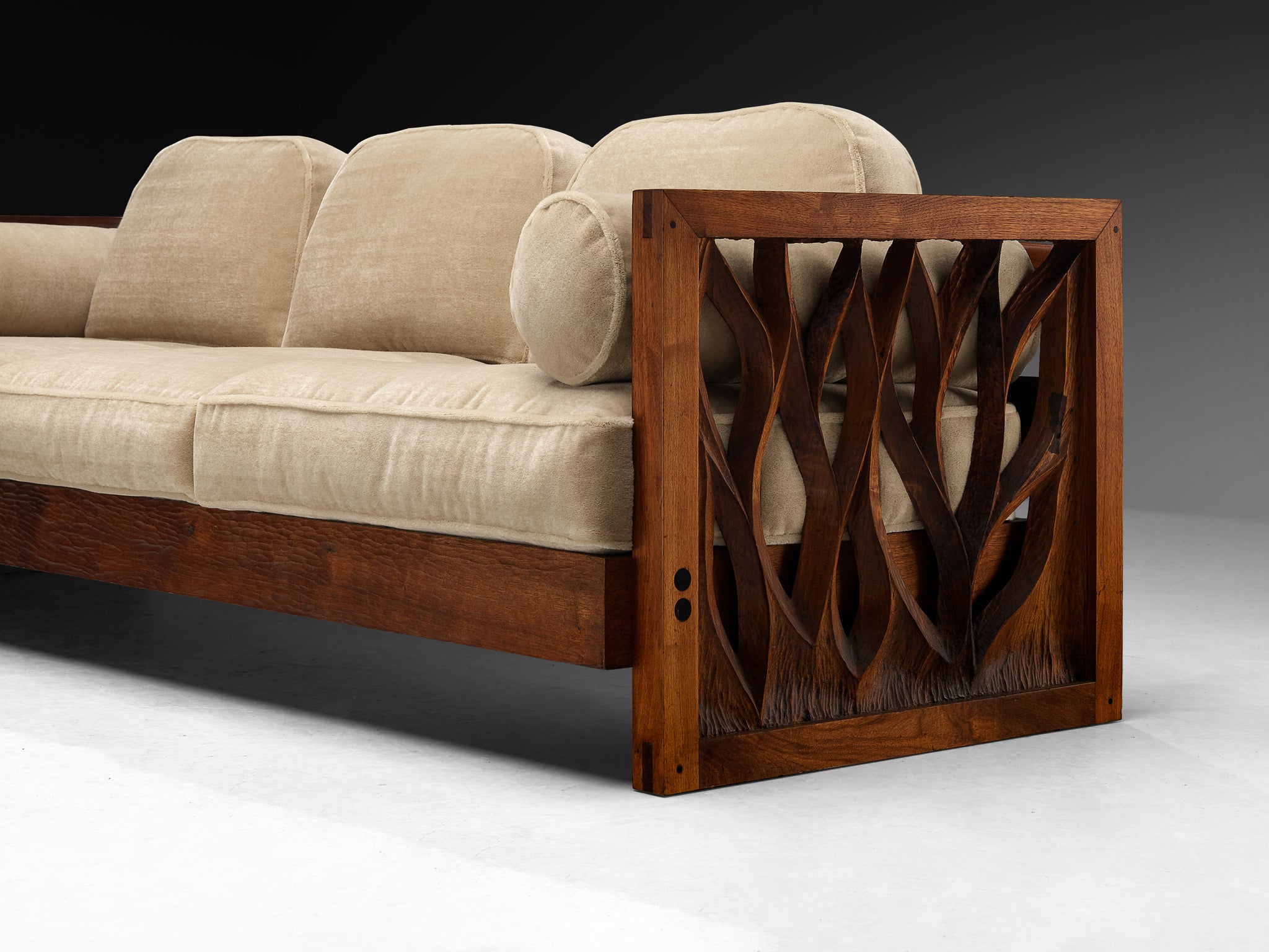 Rare Phillip Lloyd Powell Free-Standing Sofa in Carved Walnut Seating Morentz