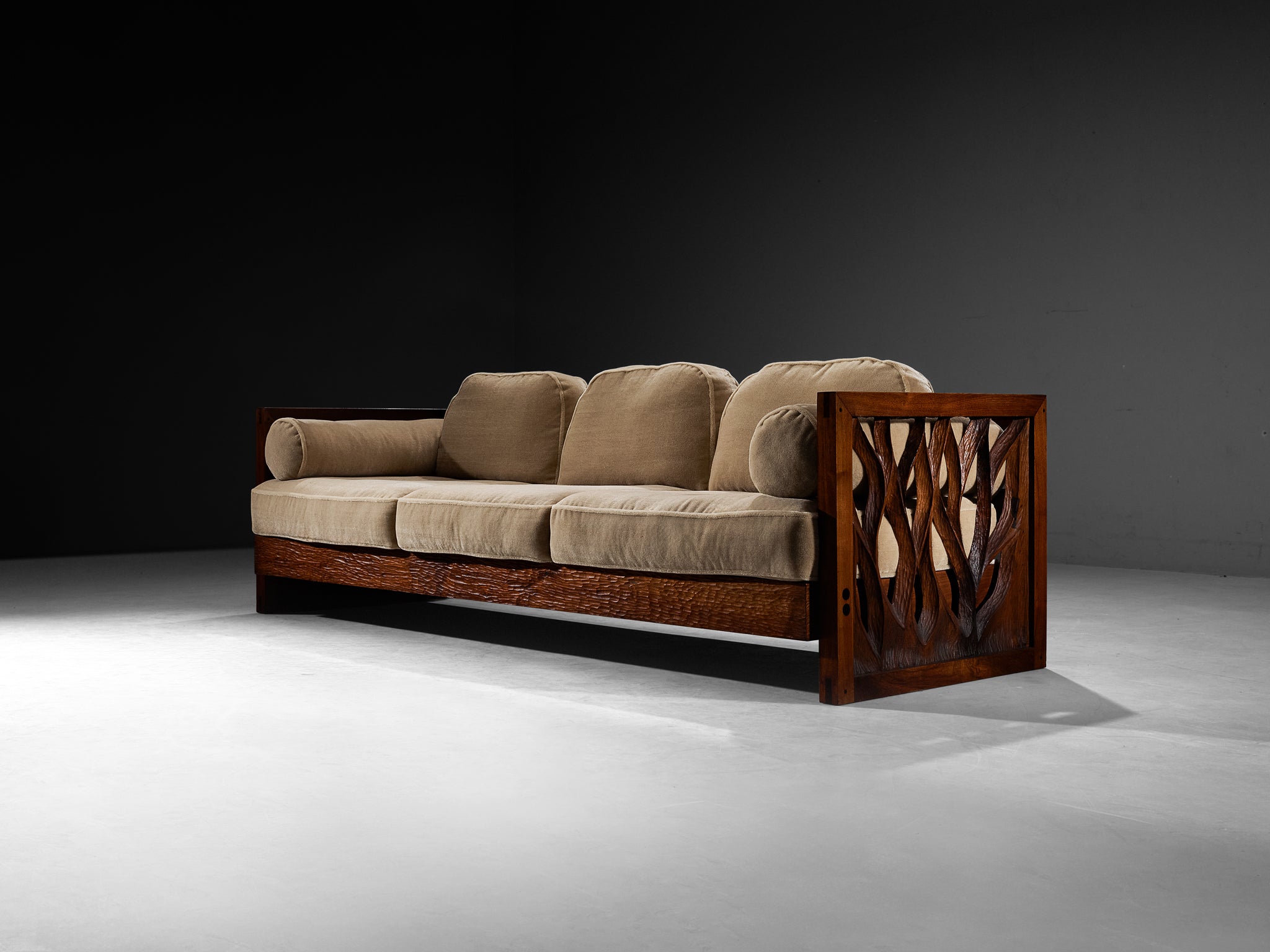 Rare Phillip Lloyd Powell Free-Standing Sofa in Carved Walnut and Mohair by Pierre Frey Seating Morentz