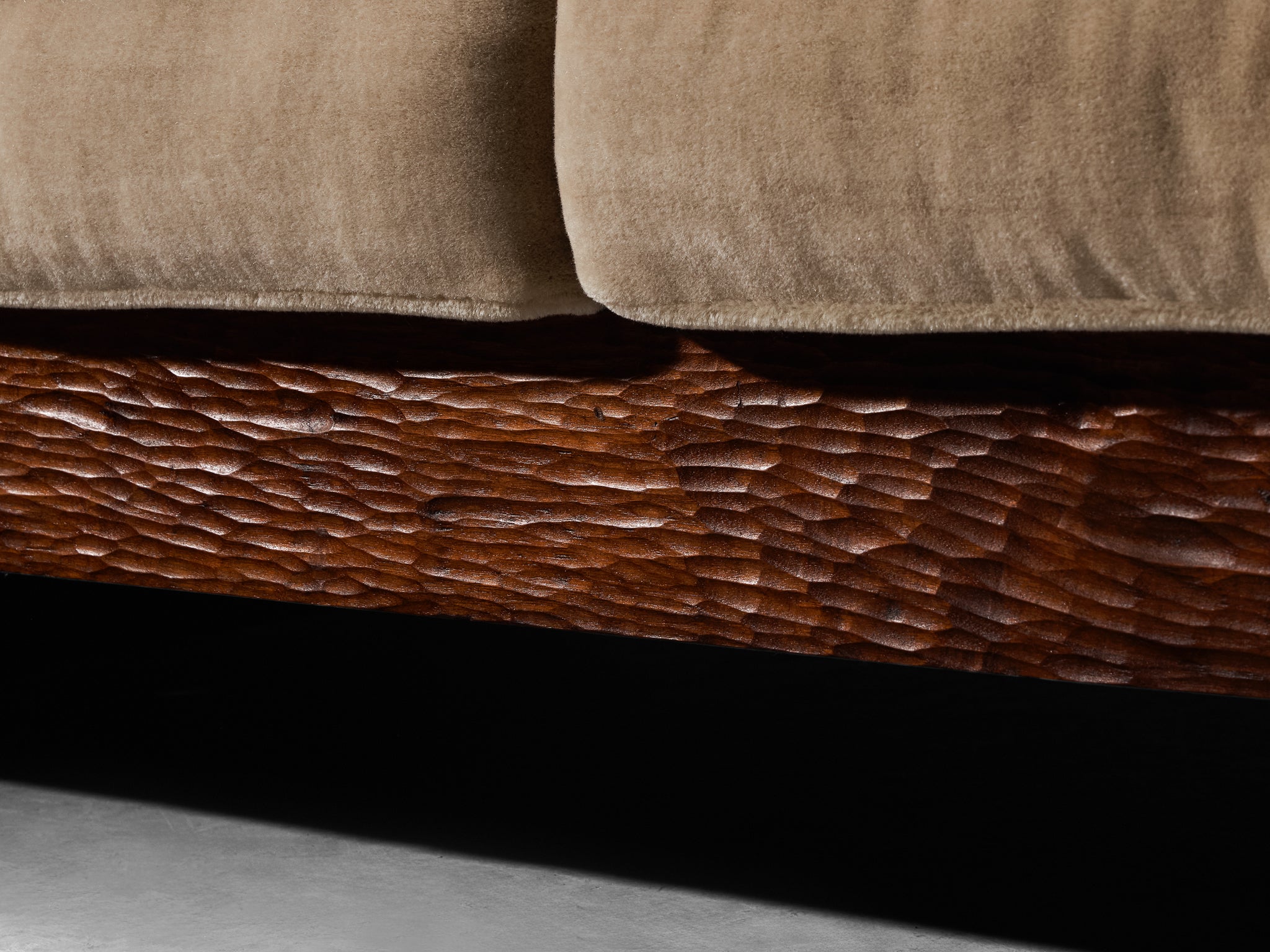 Rare Phillip Lloyd Powell Free-Standing Sofa in Carved Walnut and Mohair by Pierre Frey Seating Morentz