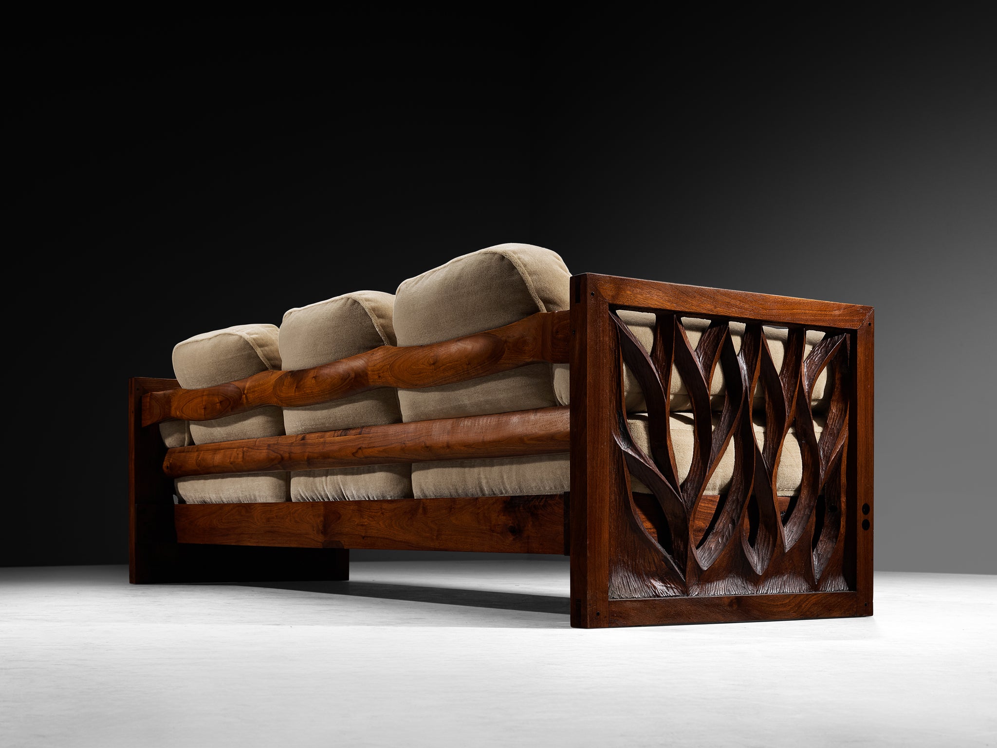 Rare Phillip Lloyd Powell Free-Standing Sofa in Carved Walnut and Mohair by Pierre Frey Seating Morentz