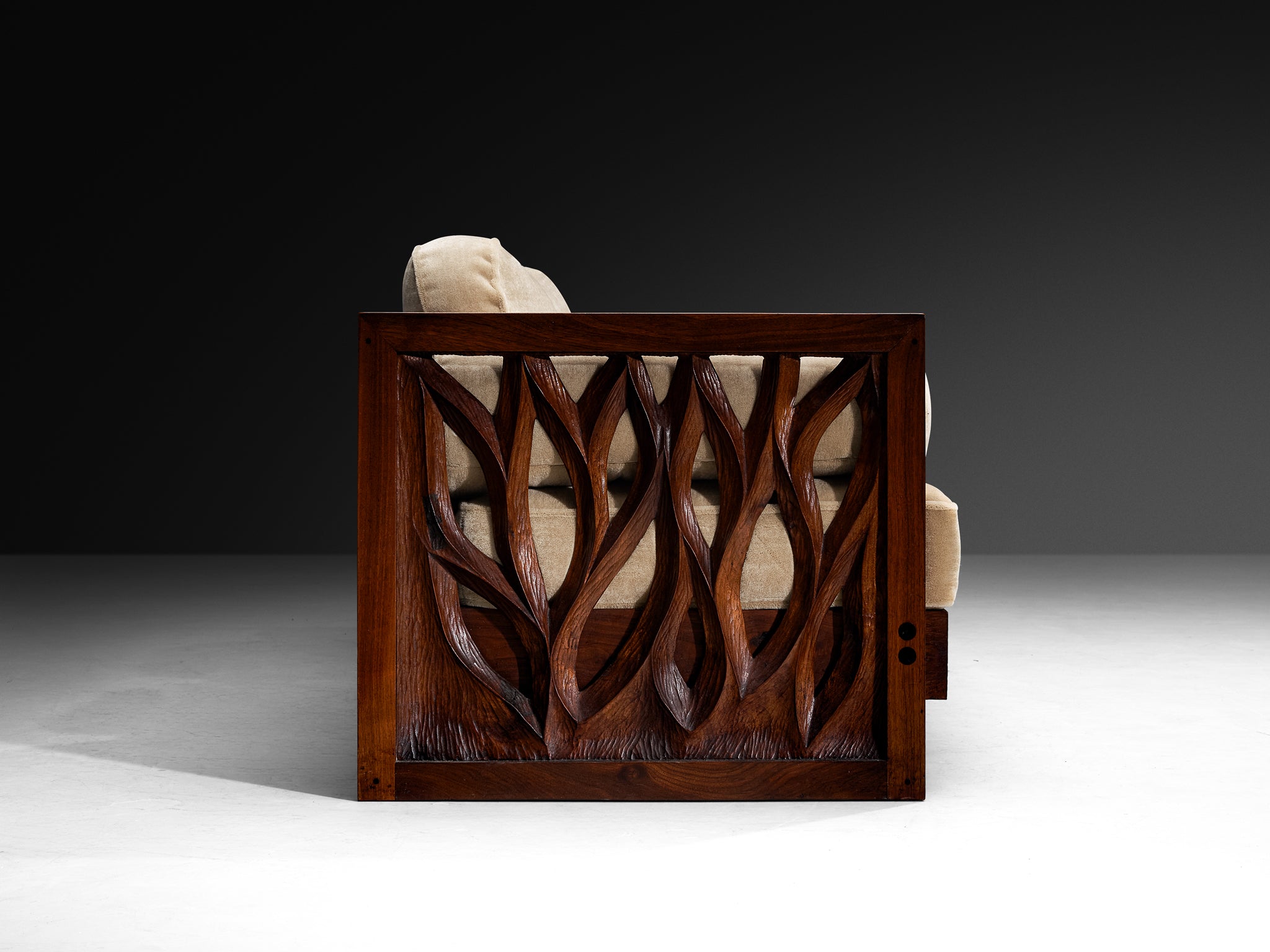 Rare Phillip Lloyd Powell Free-Standing Sofa in Carved Walnut and Mohair by Pierre Frey Seating Morentz