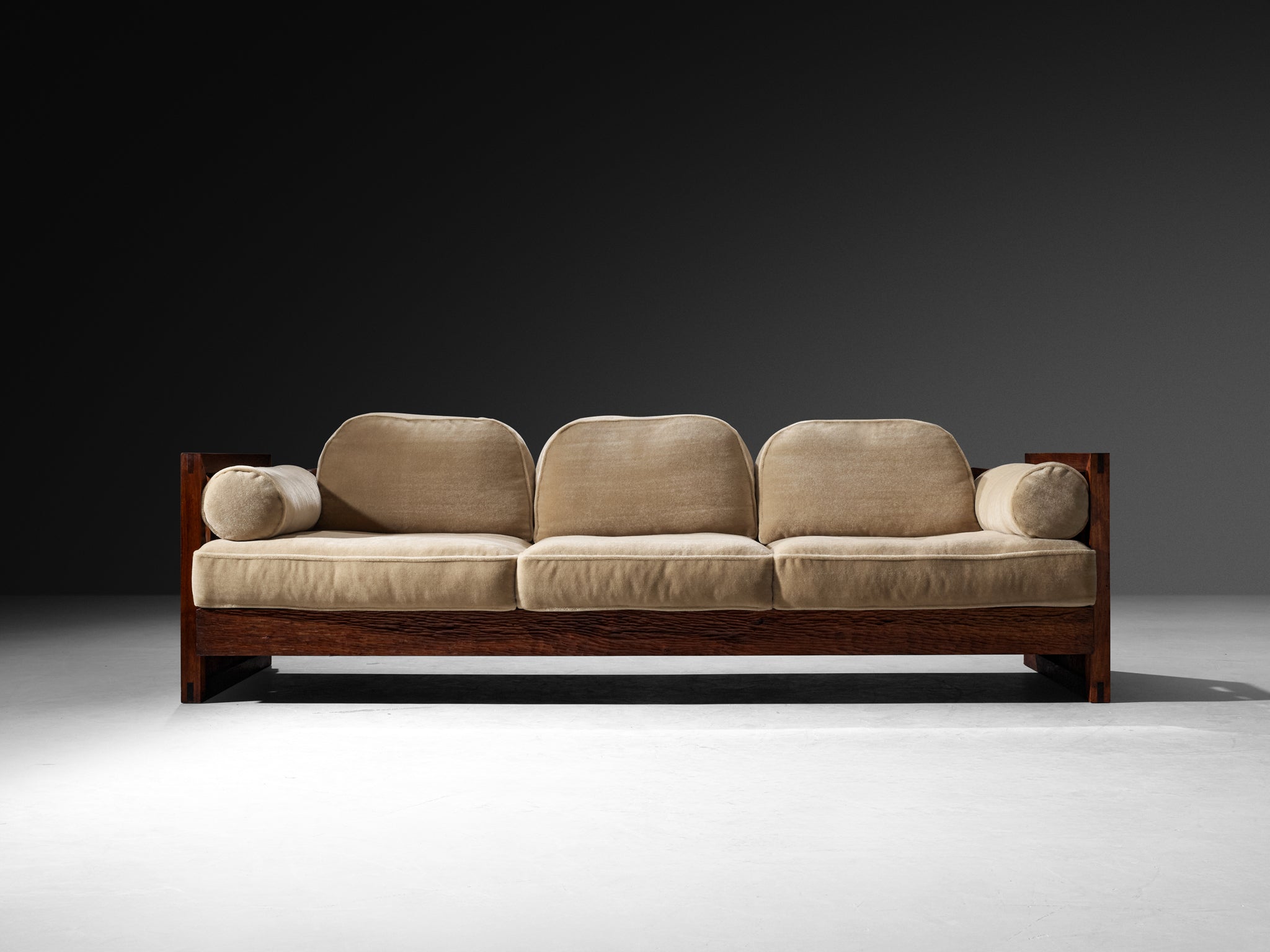 Rare Phillip Lloyd Powell Free-Standing Sofa in Carved Walnut and Mohair by Pierre Frey Seating Morentz