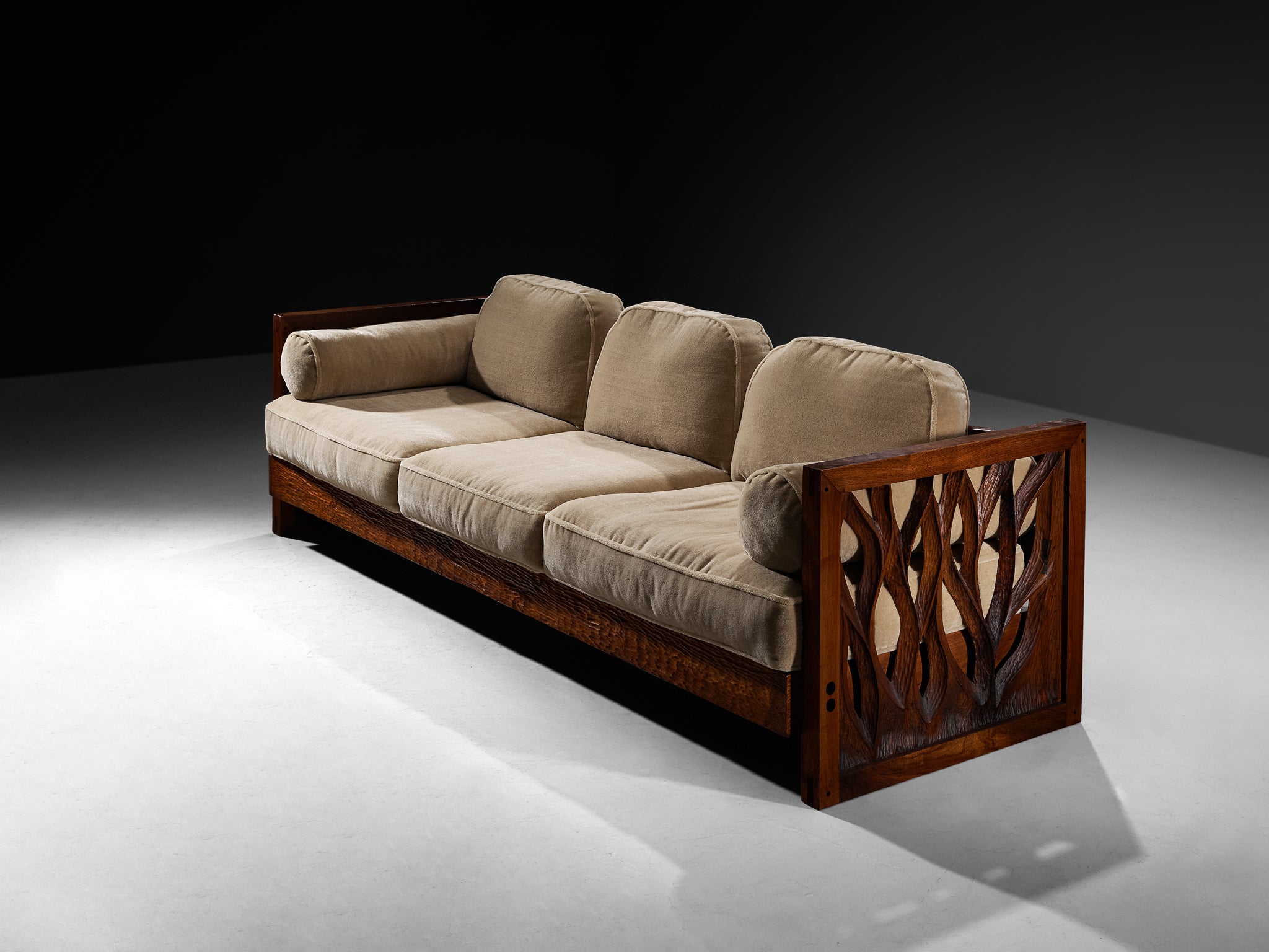 Rare Phillip Lloyd Powell Free-Standing Sofa in Carved Walnut and Mohair by Pierre Frey Seating Morentz