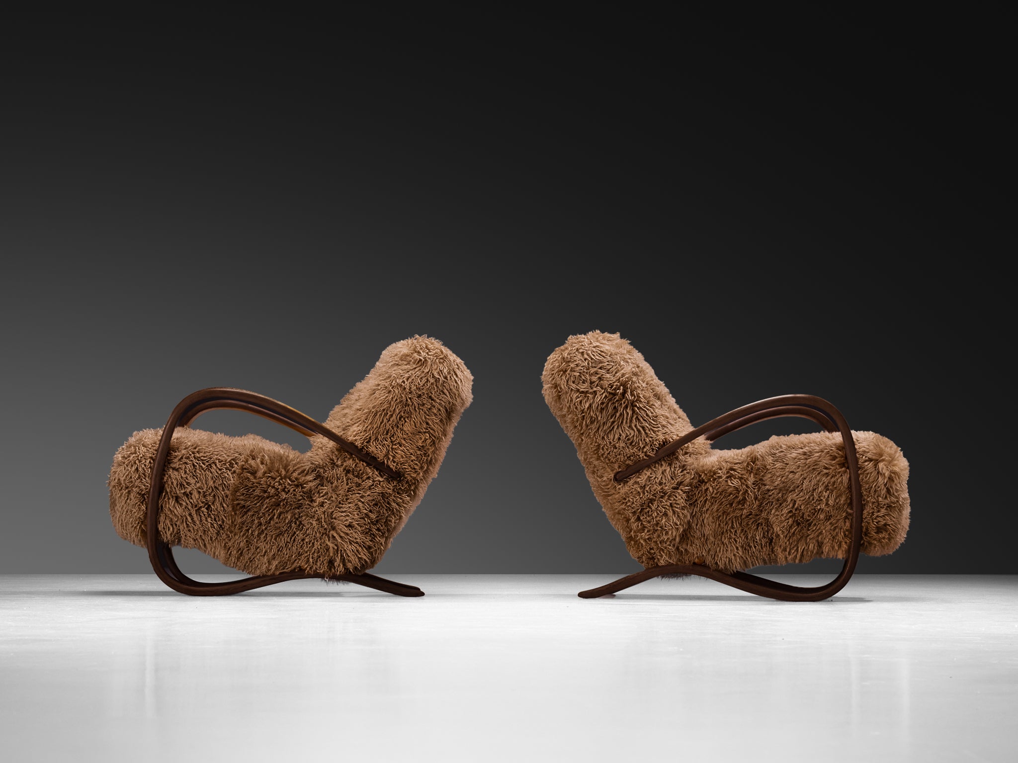 Jindřich Halabala Lounge Chairs in Brown Tibetan Lambswool Seating Morentz