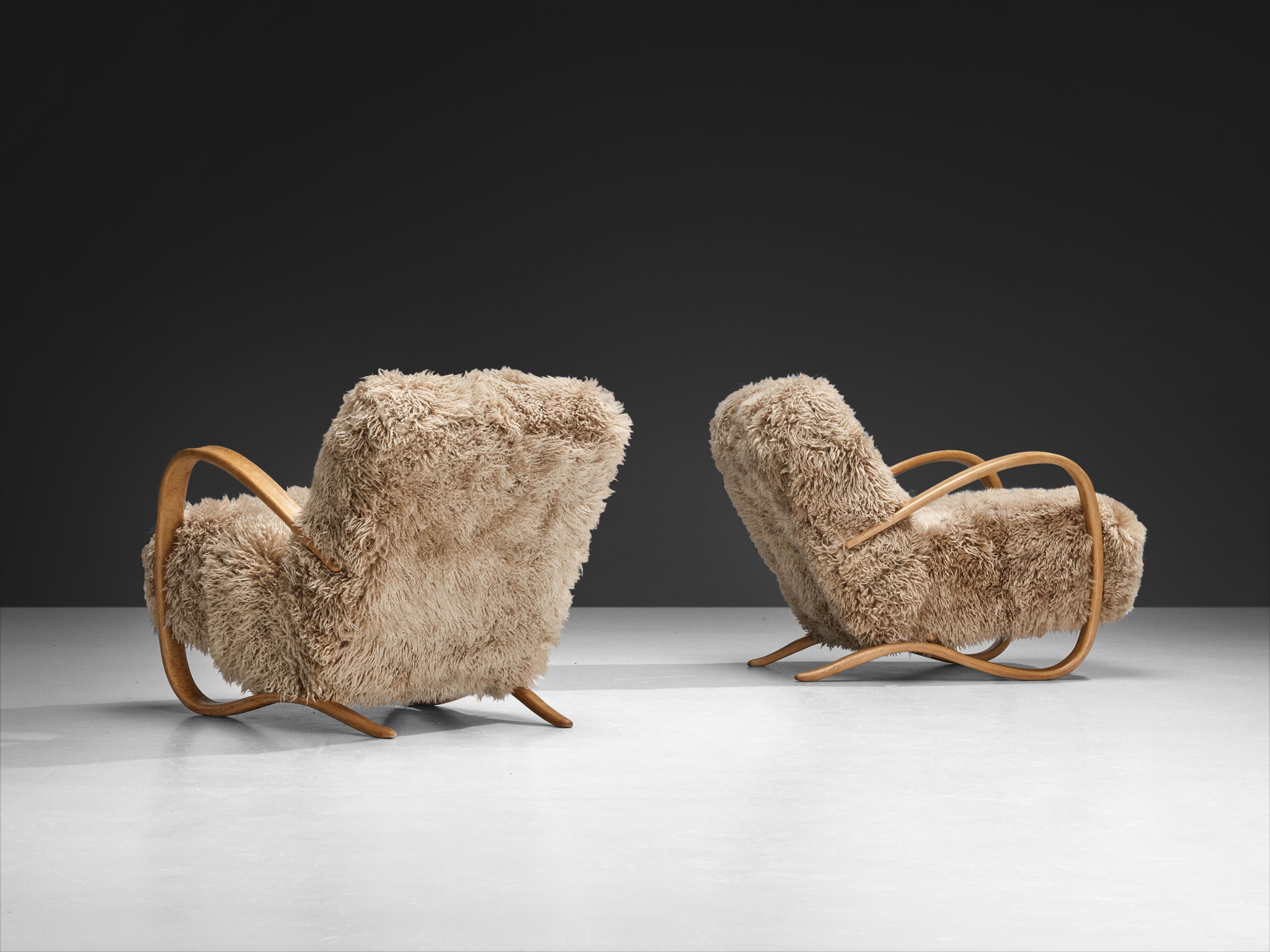 Jindřich Halabala Lounge Chairs in Beige Tibetan Lambswool Seating Morentz
